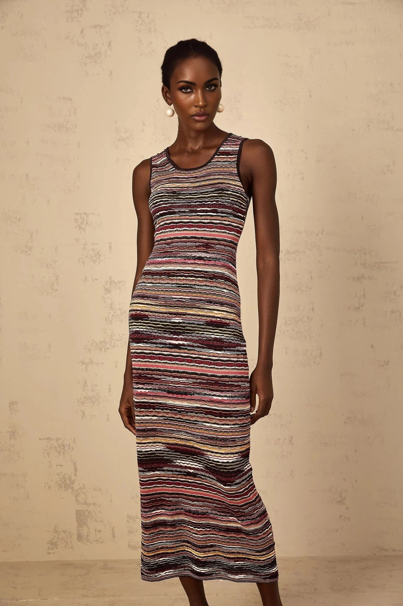 Rory Midi Dress Purple Striped Crochet Knit Sleeveless Straight Hem