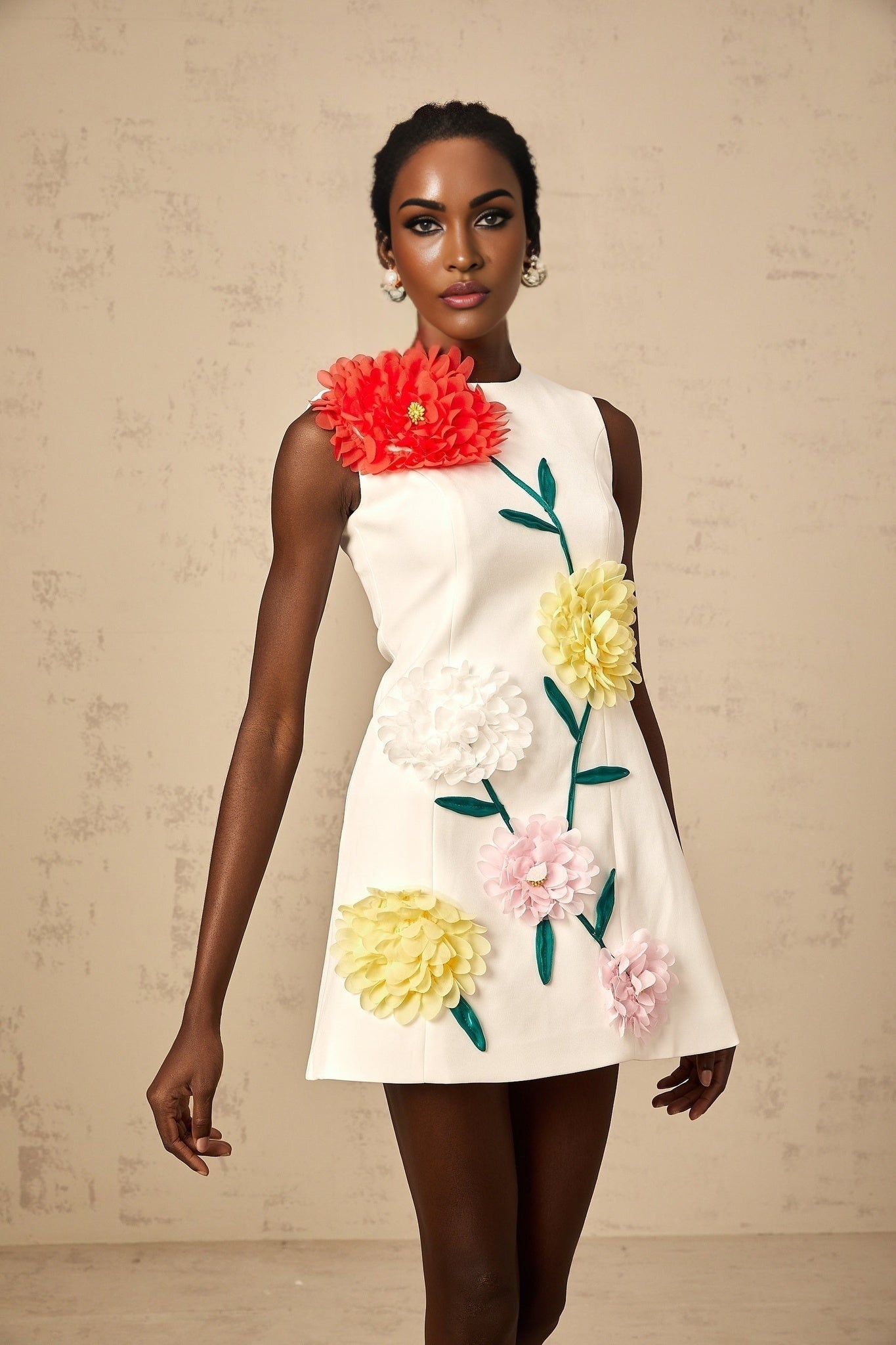 Rory Mini Dress White 3D Petal Sleeveless ALine