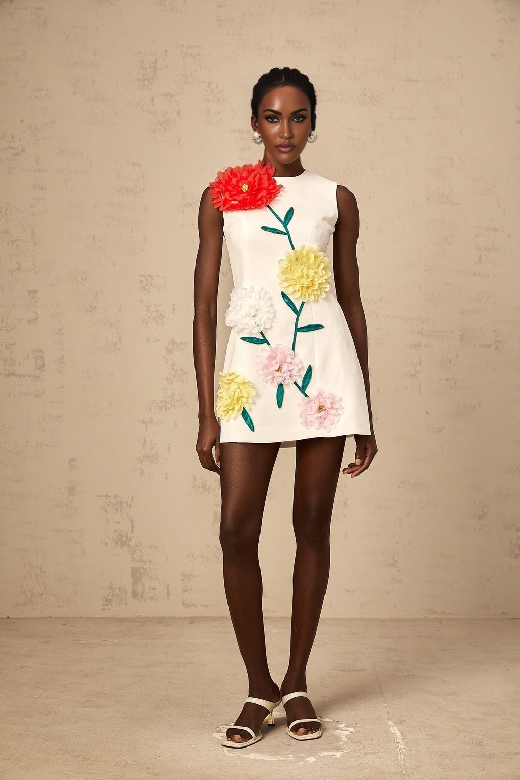Rory Mini Dress White 3D Petal Sleeveless ALine