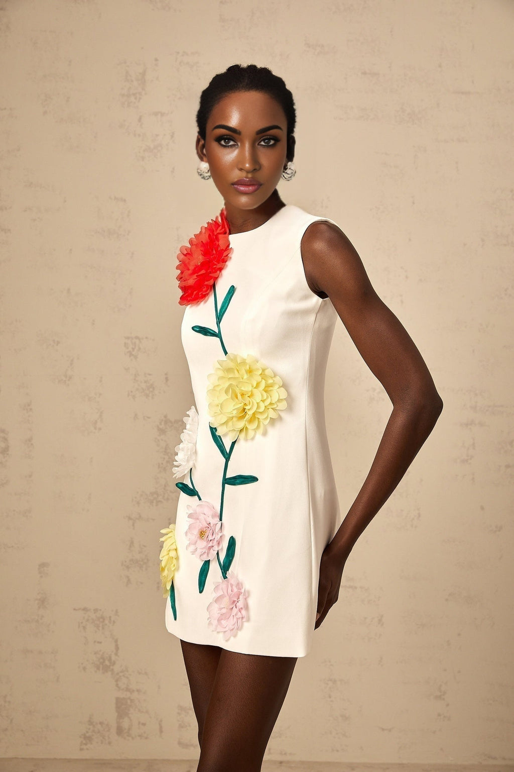 Rory Mini Dress White 3D Petal Sleeveless ALine