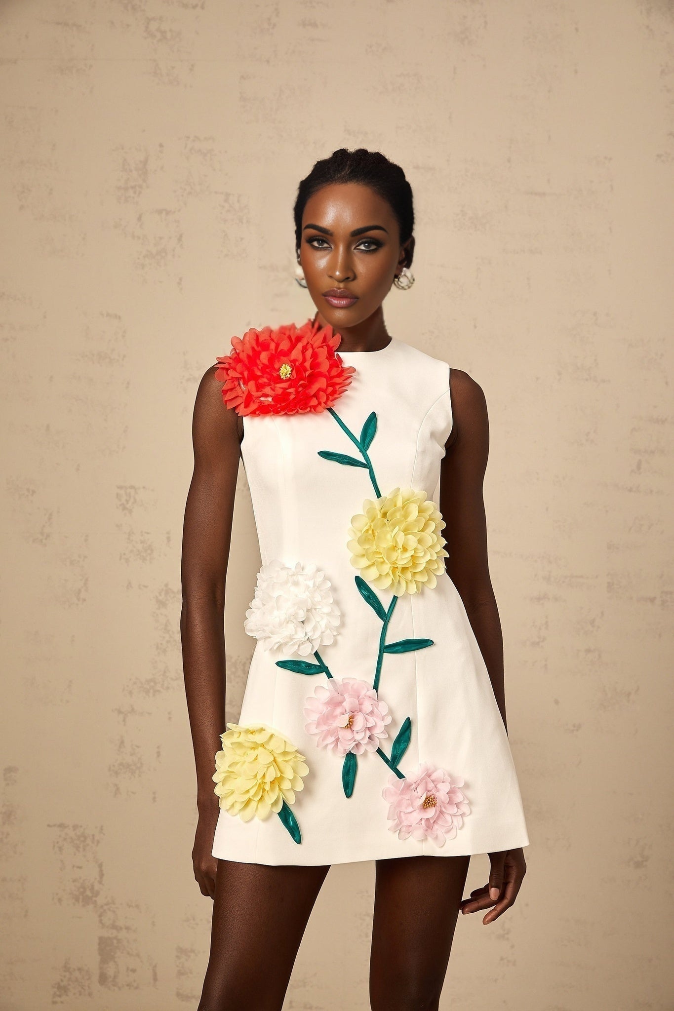 Rory Mini Dress White 3D Petal Sleeveless ALine