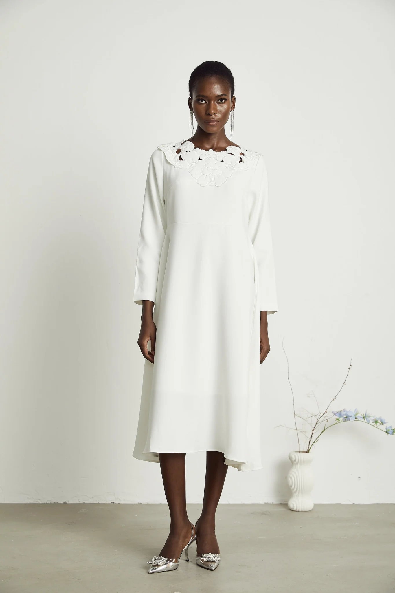 Rosalba Floral Midi Dress Long Sleeve High Waist A - Line Cut Out Design
