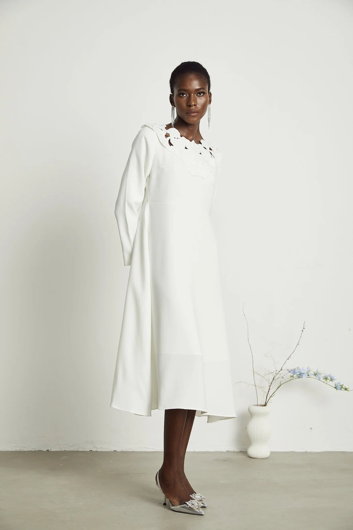 Rosalba Floral Midi Dress Long Sleeve High Waist A - Line Cut Out Design