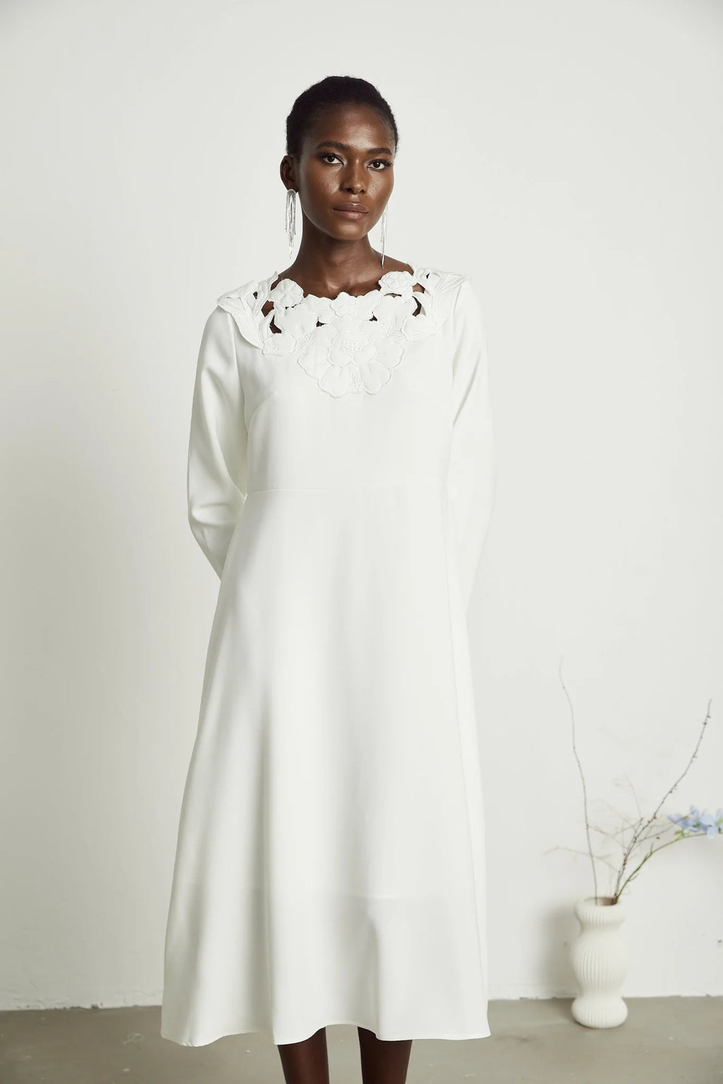 Rosalba Floral Midi Dress Long Sleeve High Waist A - Line Cut Out Design