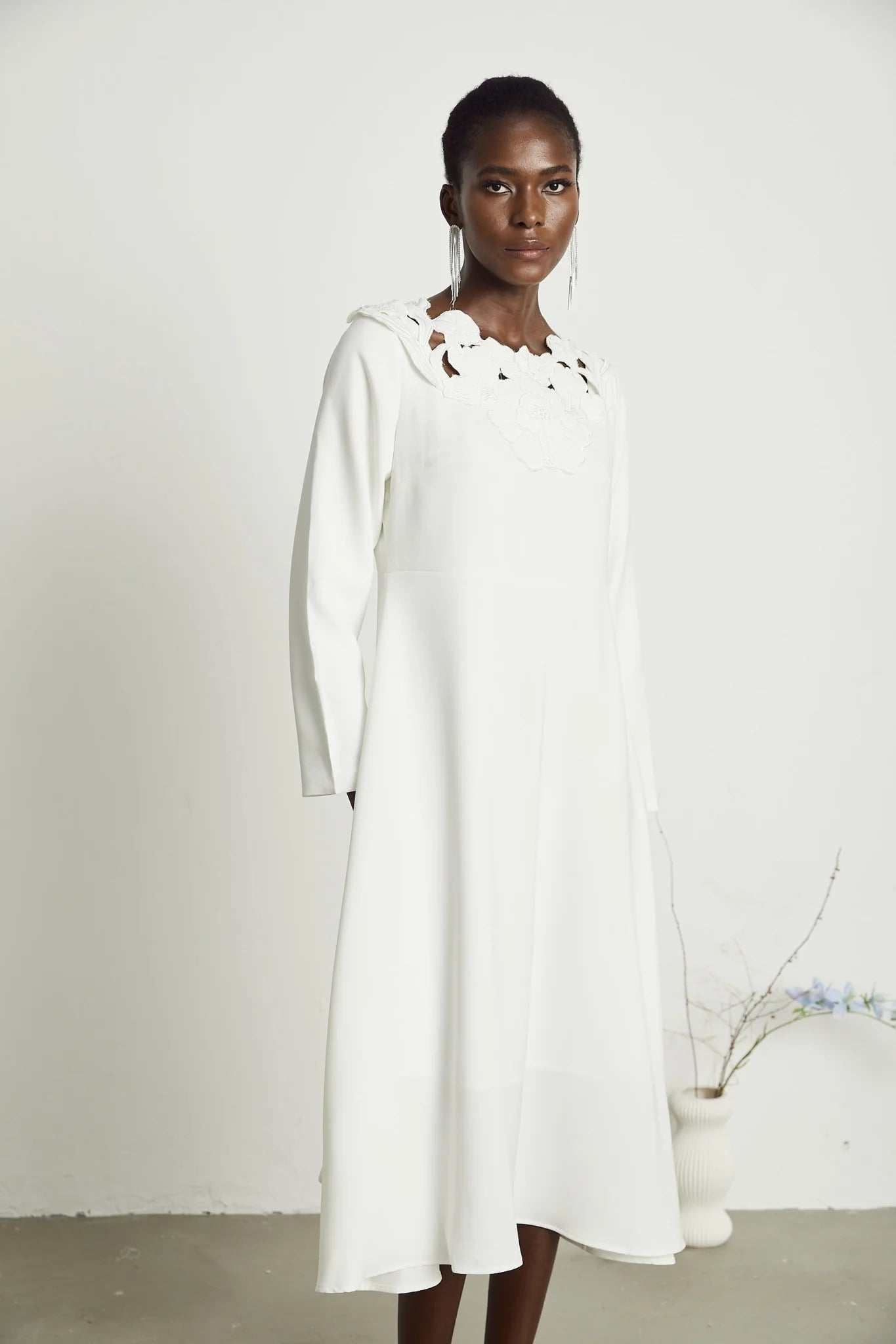 Rosalba Floral Midi Dress Long Sleeve High Waist A - Line Cut Out Design