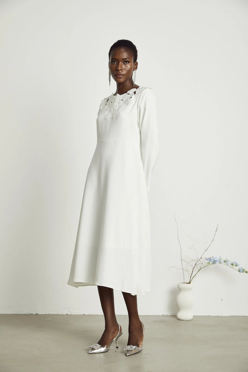 Rosalba Floral Midi Dress Long Sleeve High Waist A - Line Cut Out Design