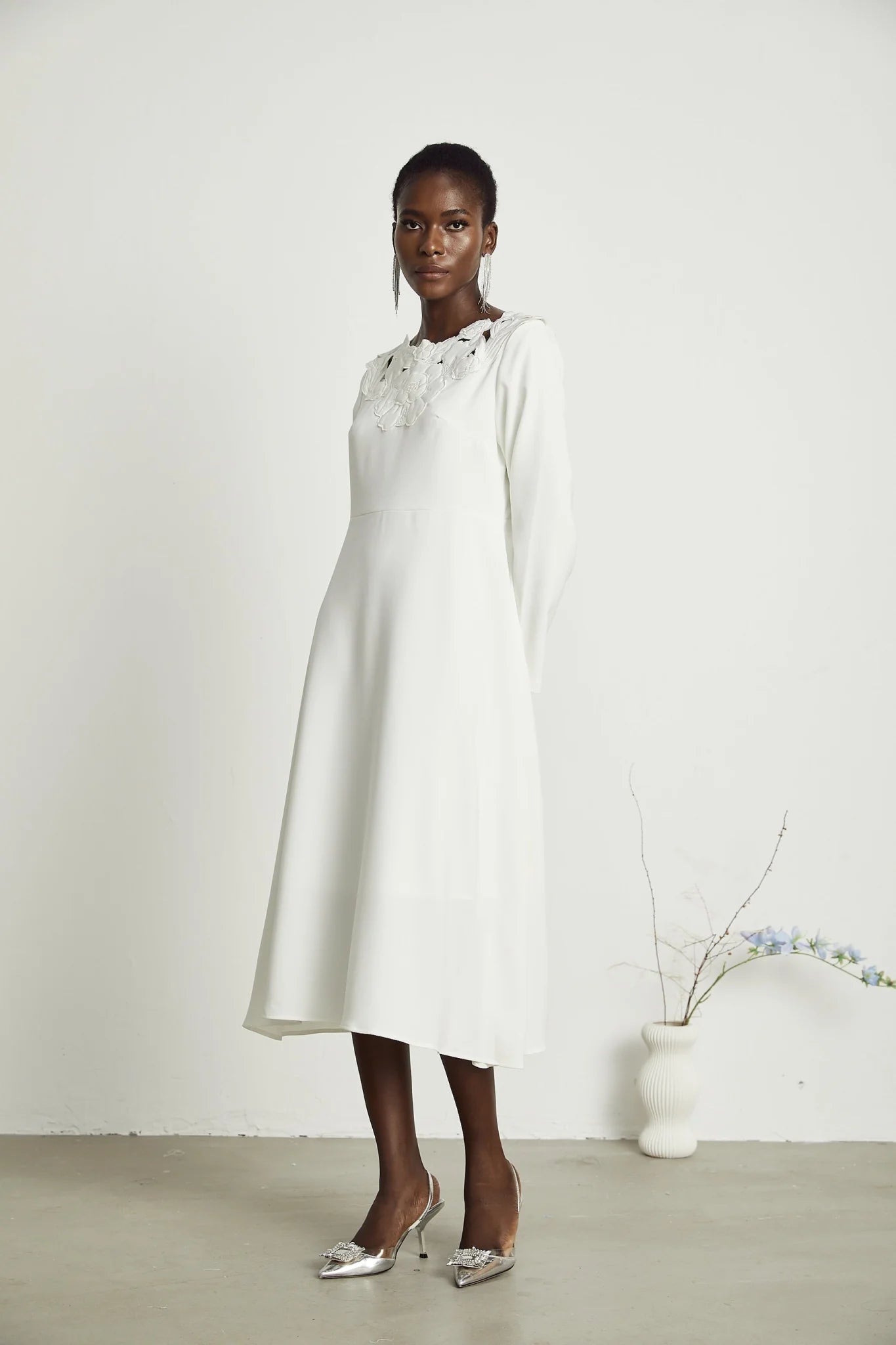 Rosalba Floral Midi Dress Long Sleeve High Waist A - Line Cut Out Design