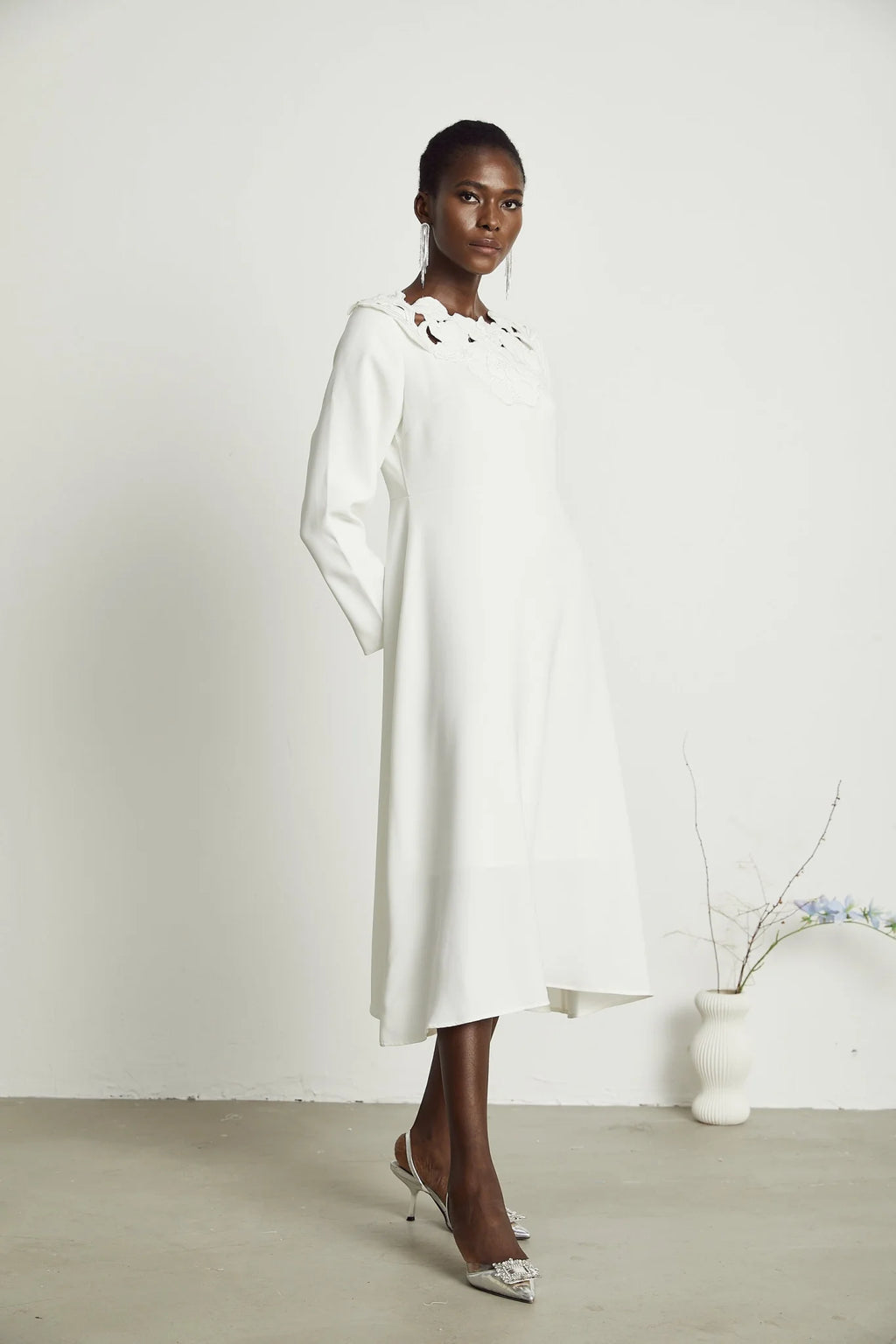 Rosalba Floral Midi Dress Long Sleeve High Waist A - Line Cut Out Design