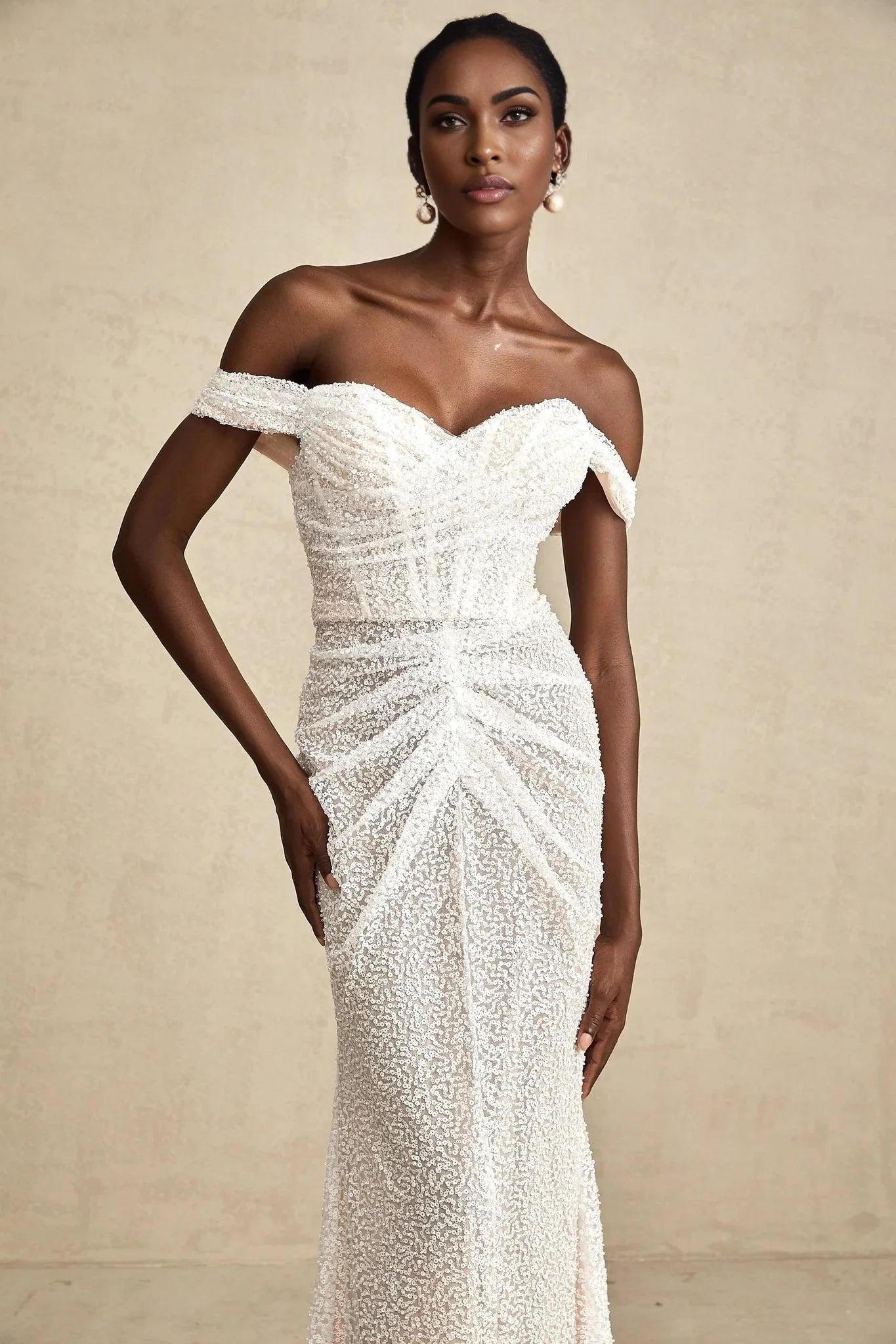 Rosalba Maxi Dress White Sequin Off - Shoulder