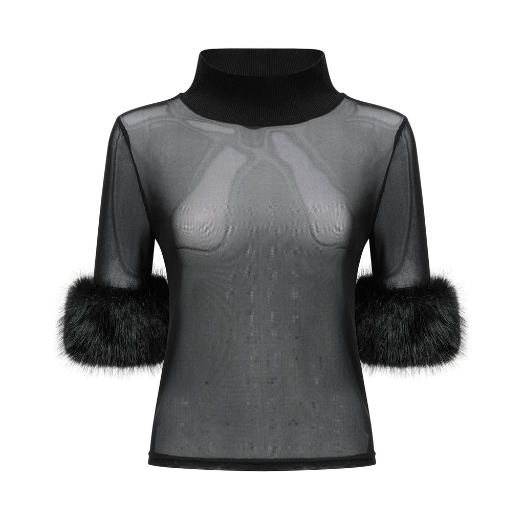 Rosalba Top Black Faux Fur Tulle & Faux Mink Fur