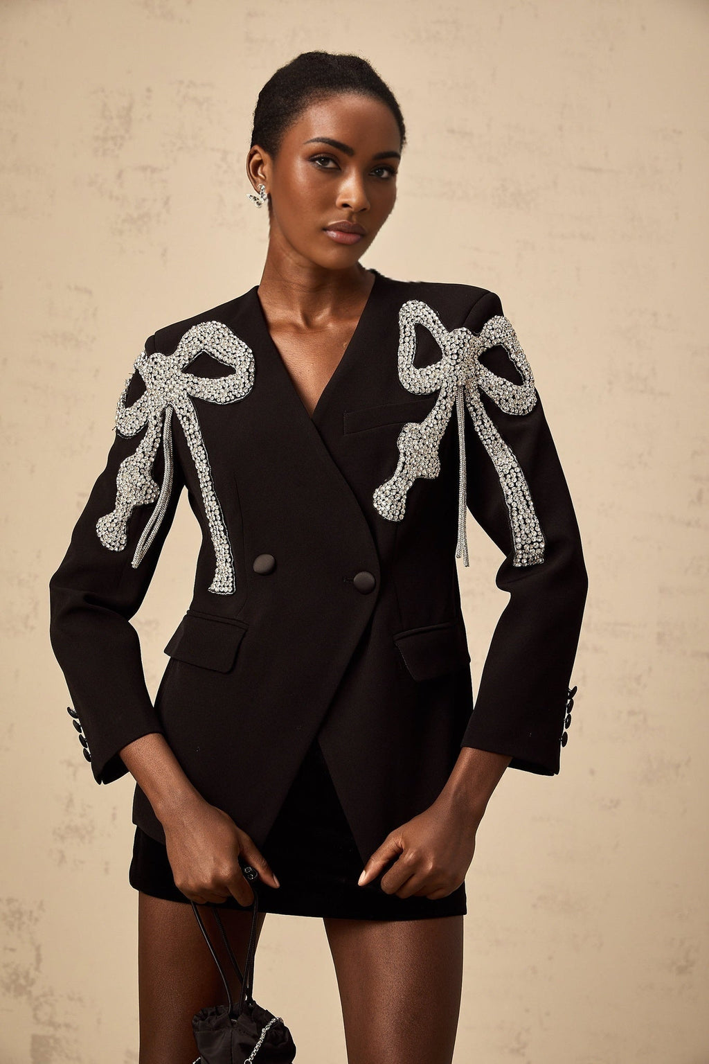 Rosalia Blazer Rosalia Bow Motif Crystal Embellished Black Blazer