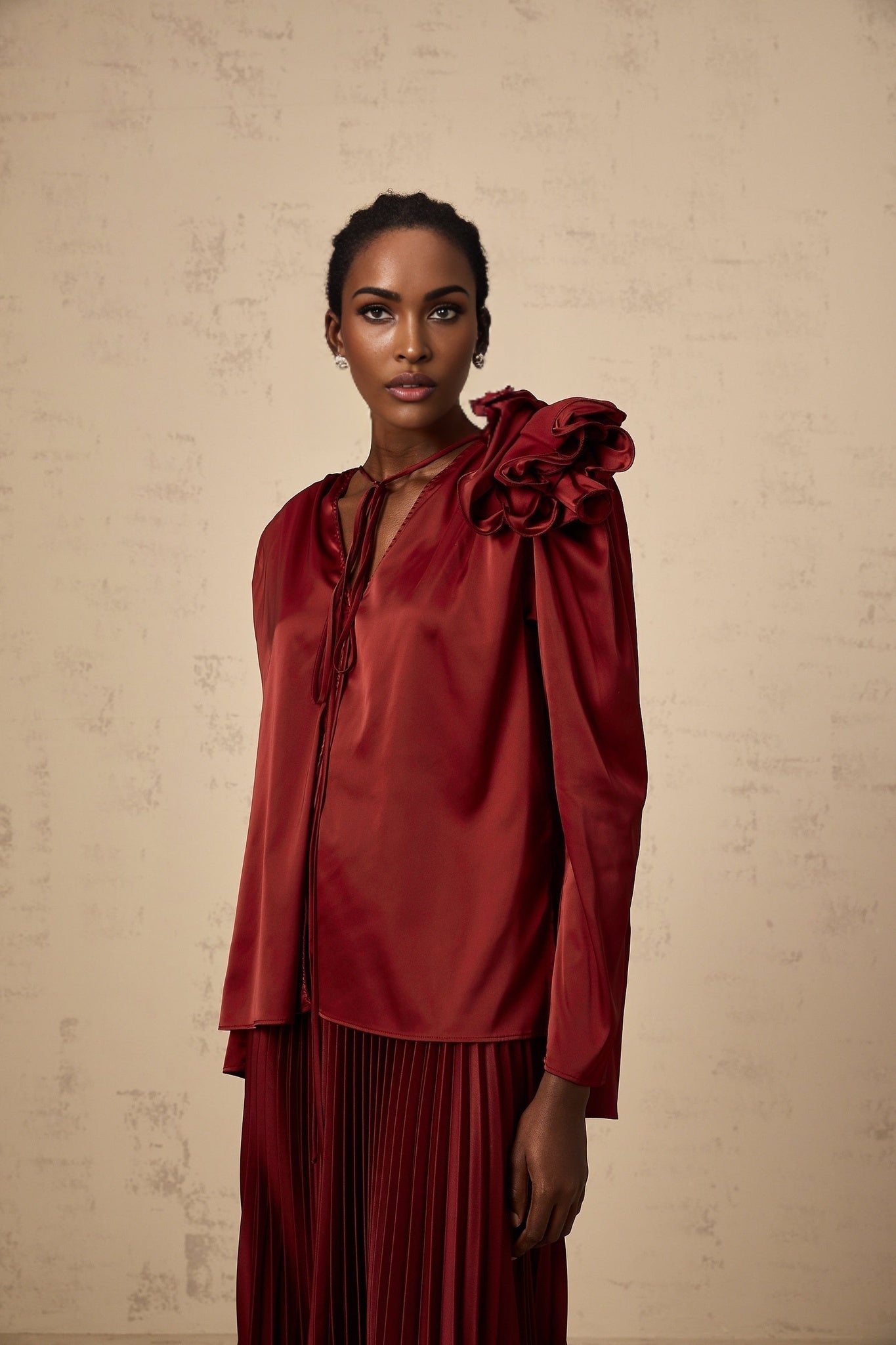 Rosalia Blouse & Skirt Flower Applique Satin Chocker Set