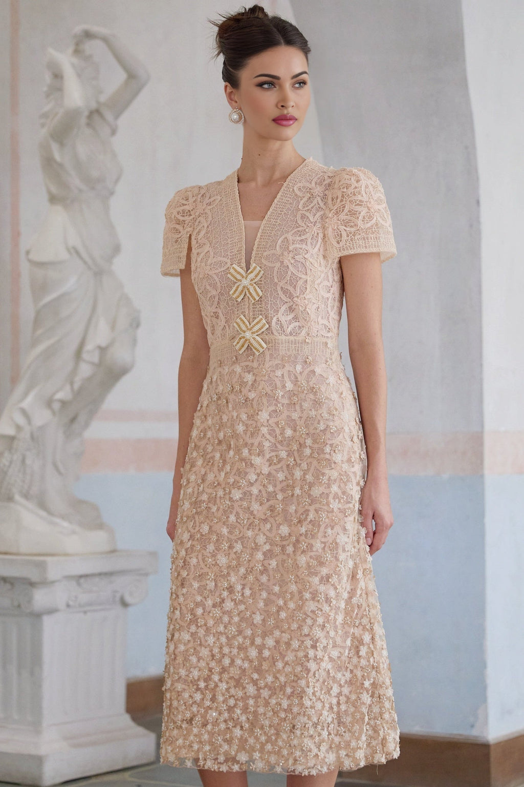 Rosalie Midi Dress with Bead Embellishment and Crochet Design