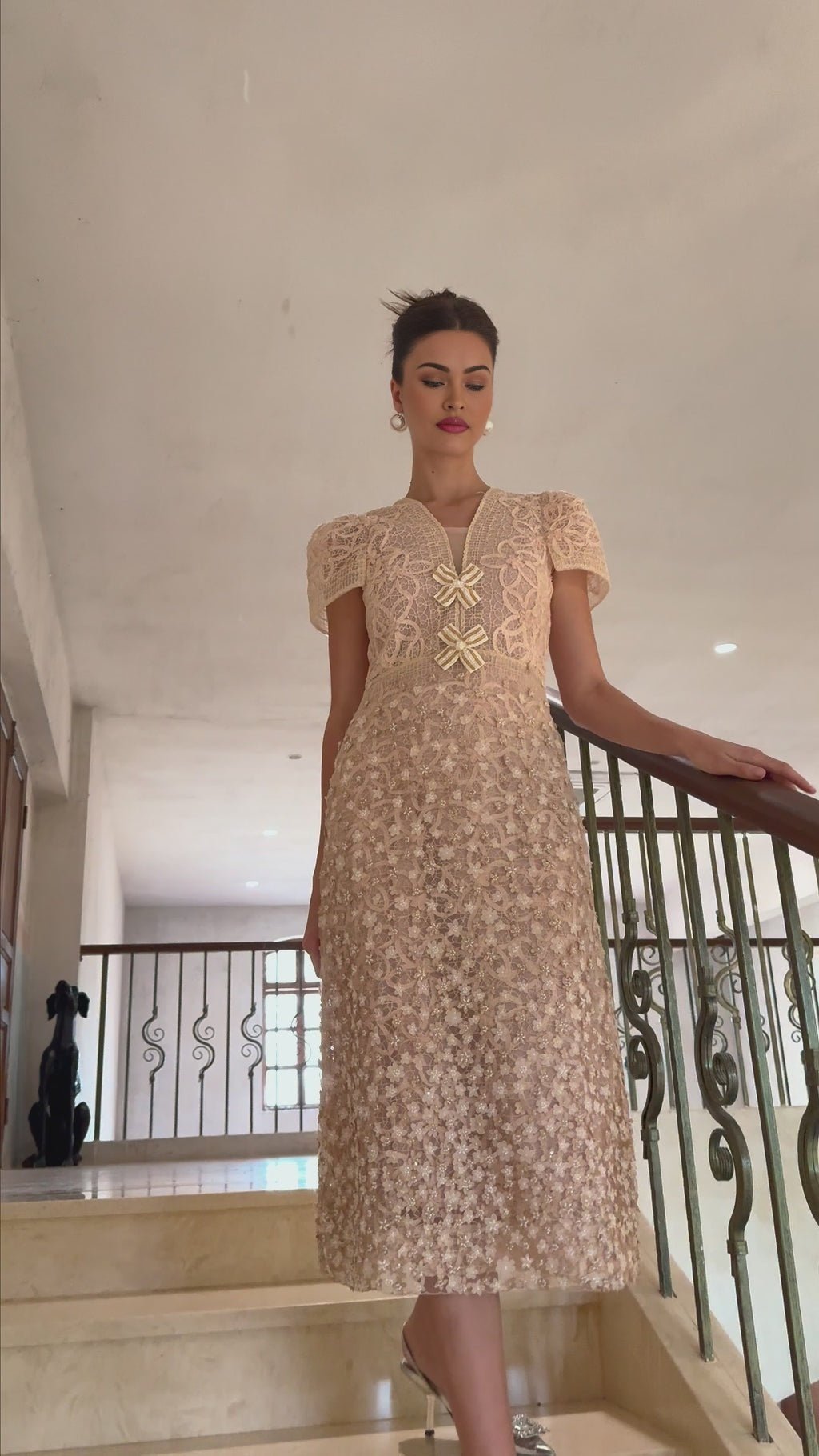 Rosalie Midi Dress with Bead Embellishment and Crochet Design