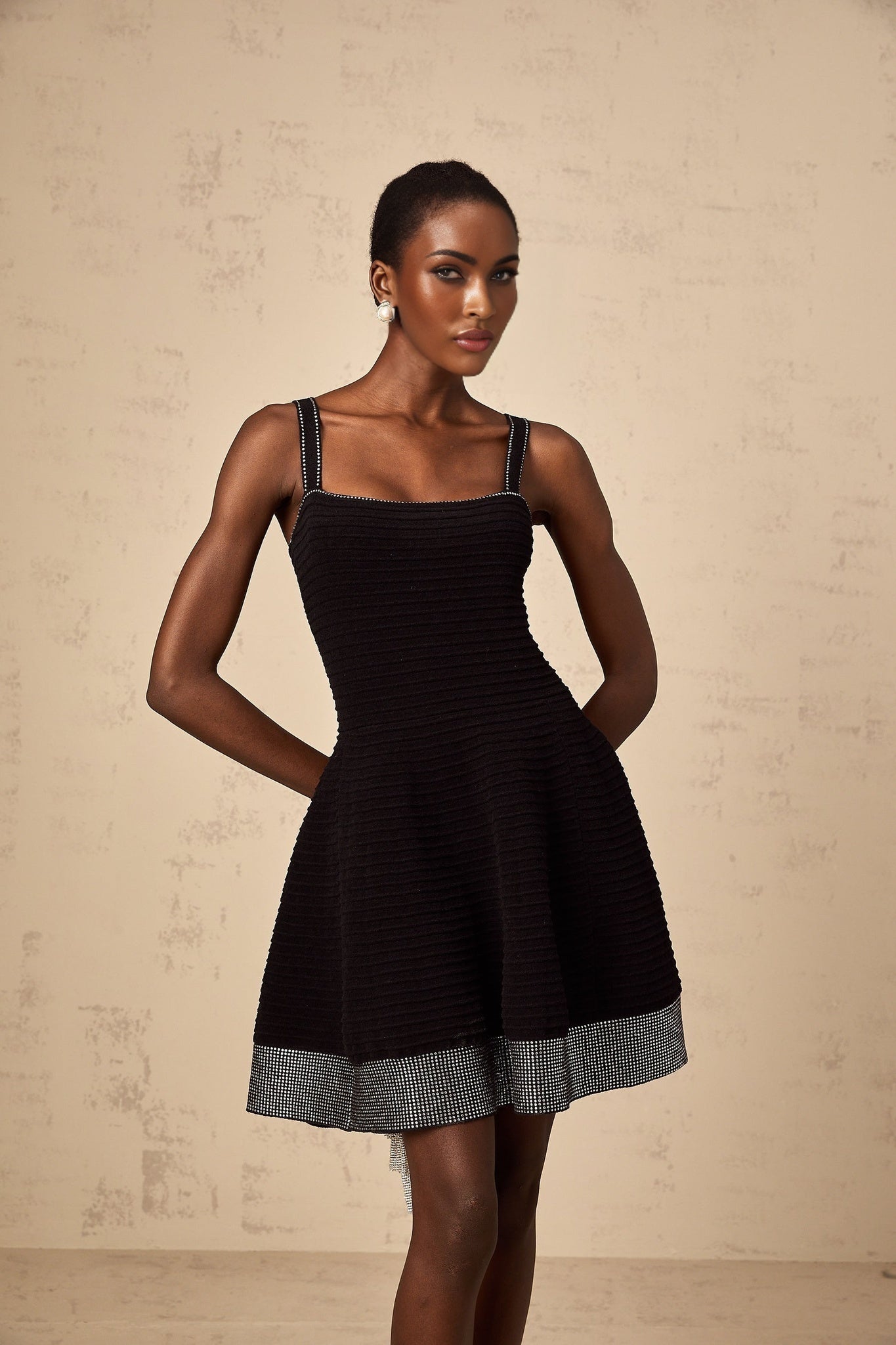 Rosalie Mini Dress Black Stud Flared Square Neck Knit