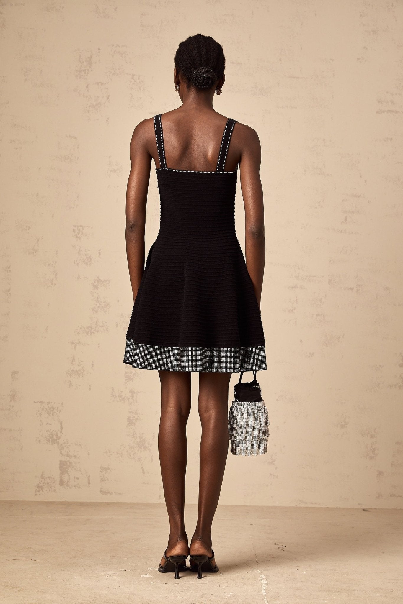 Rosalie Mini Dress Black Stud Flared Square Neck Knit