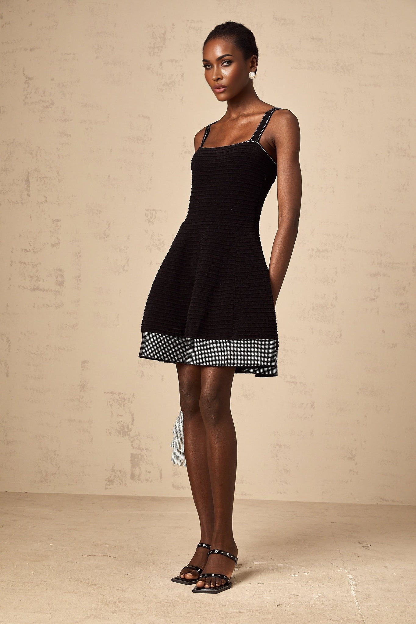 Rosalie Mini Dress Black Stud Flared Square Neck Knit