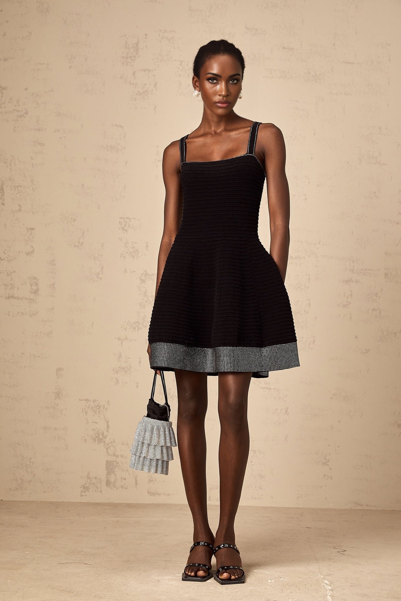 Rosalie Mini Dress Black Stud Flared Square Neck Knit