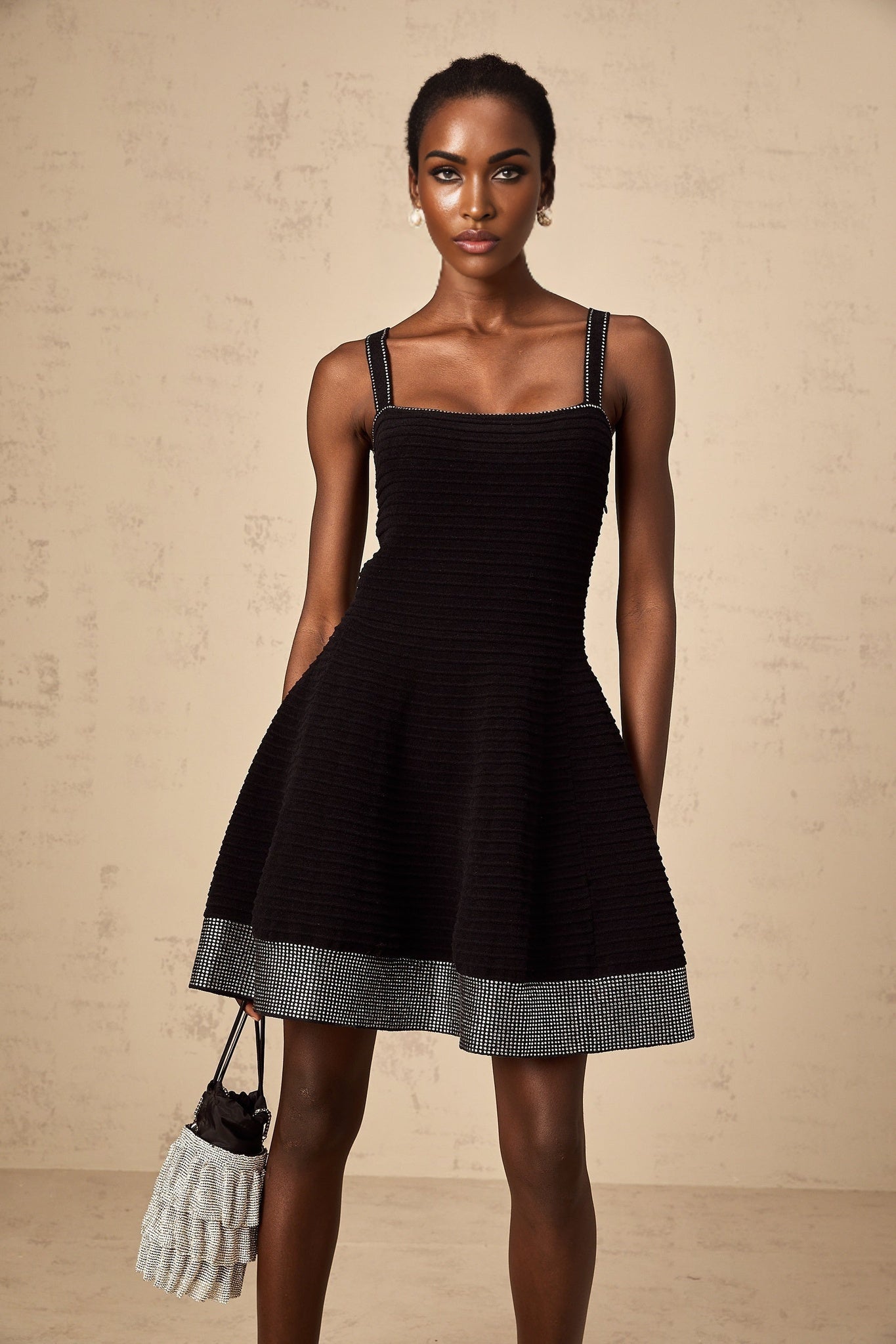 Rosalie Mini Dress Black Stud Flared Square Neck Knit