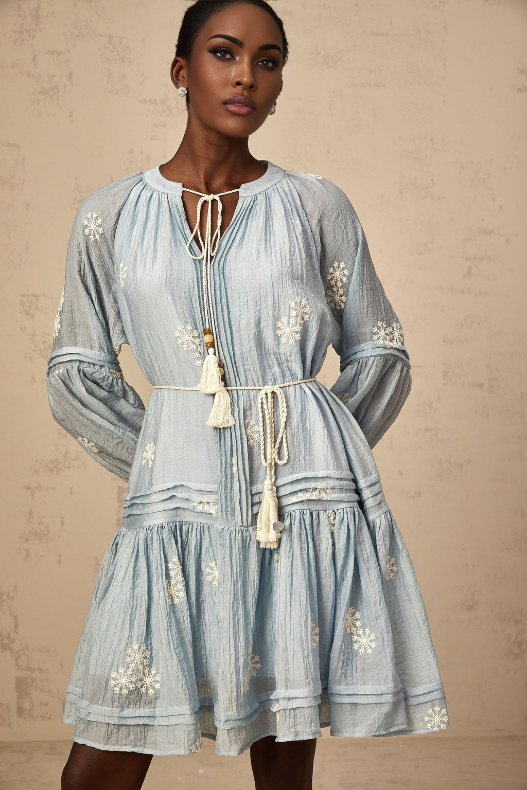 Rosalie Mini Dress Blue & White Embroidered Pleated Flair