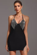 Rosangela Black Mini Dress Halter Neckline Tassel Rhinestone Detailing