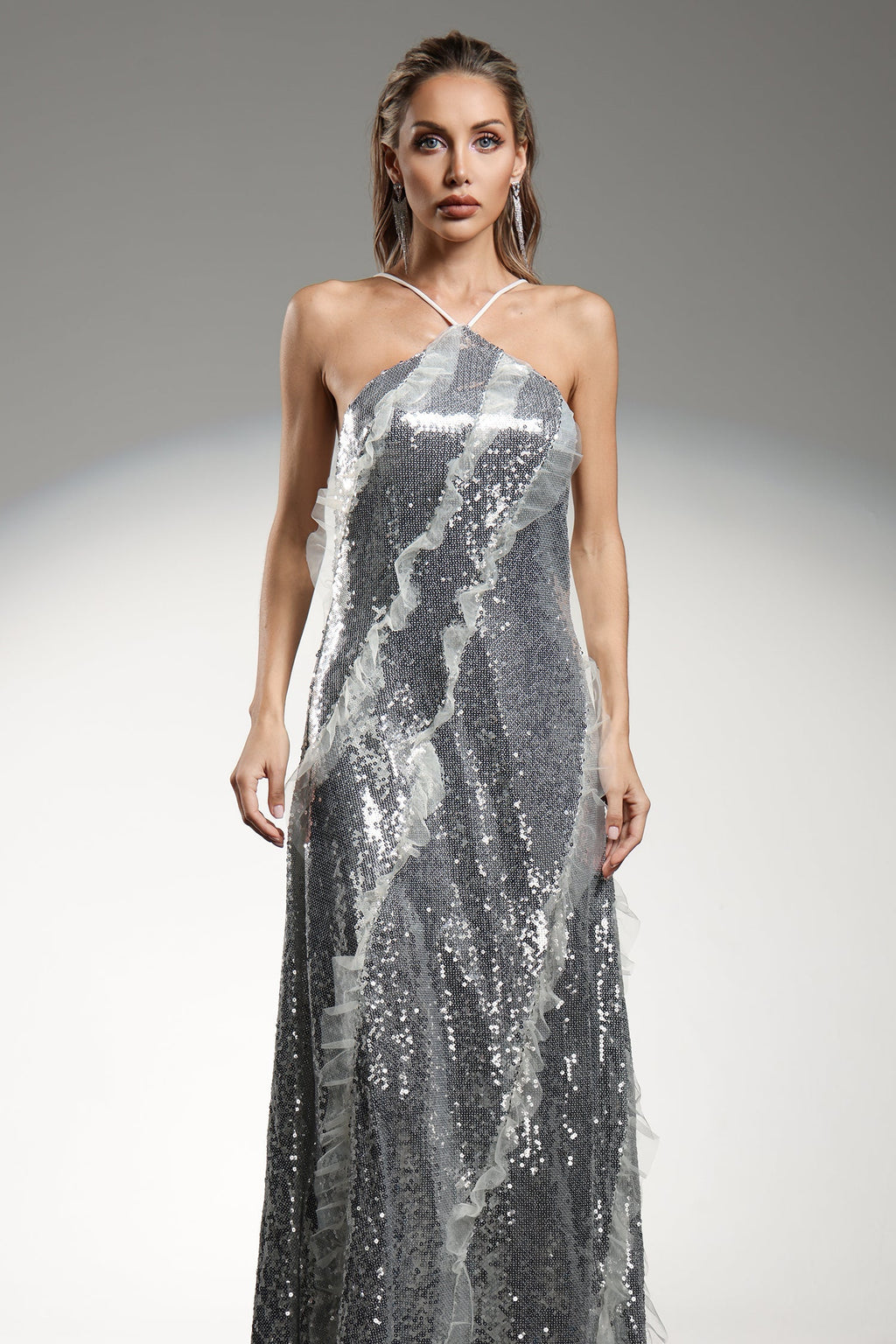 Rosangela Silver Sequined Halter Maxi Dress
