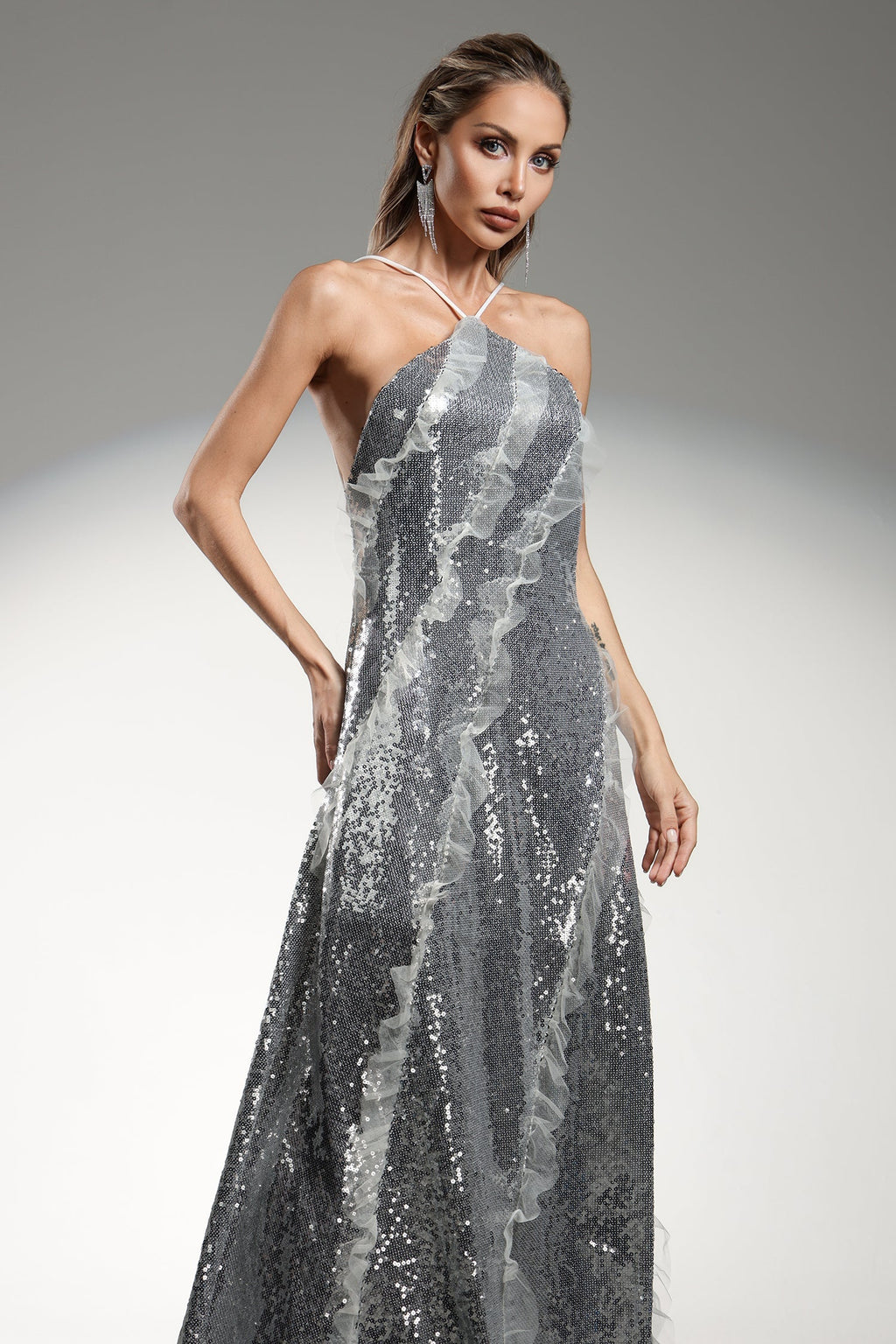 Rosangela Silver Sequined Halter Maxi Dress