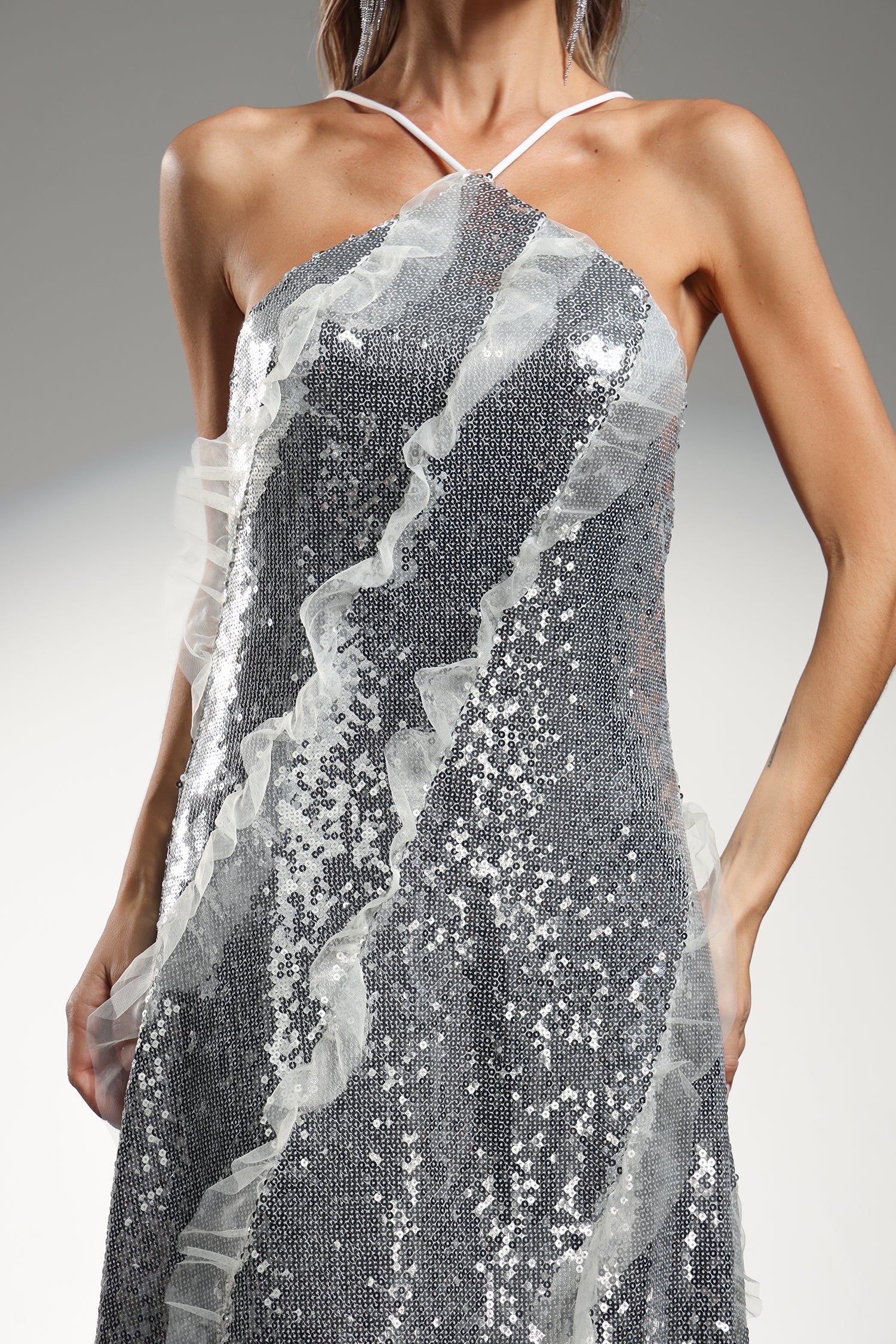 Rosangela Silver Sequined Halter Maxi Dress