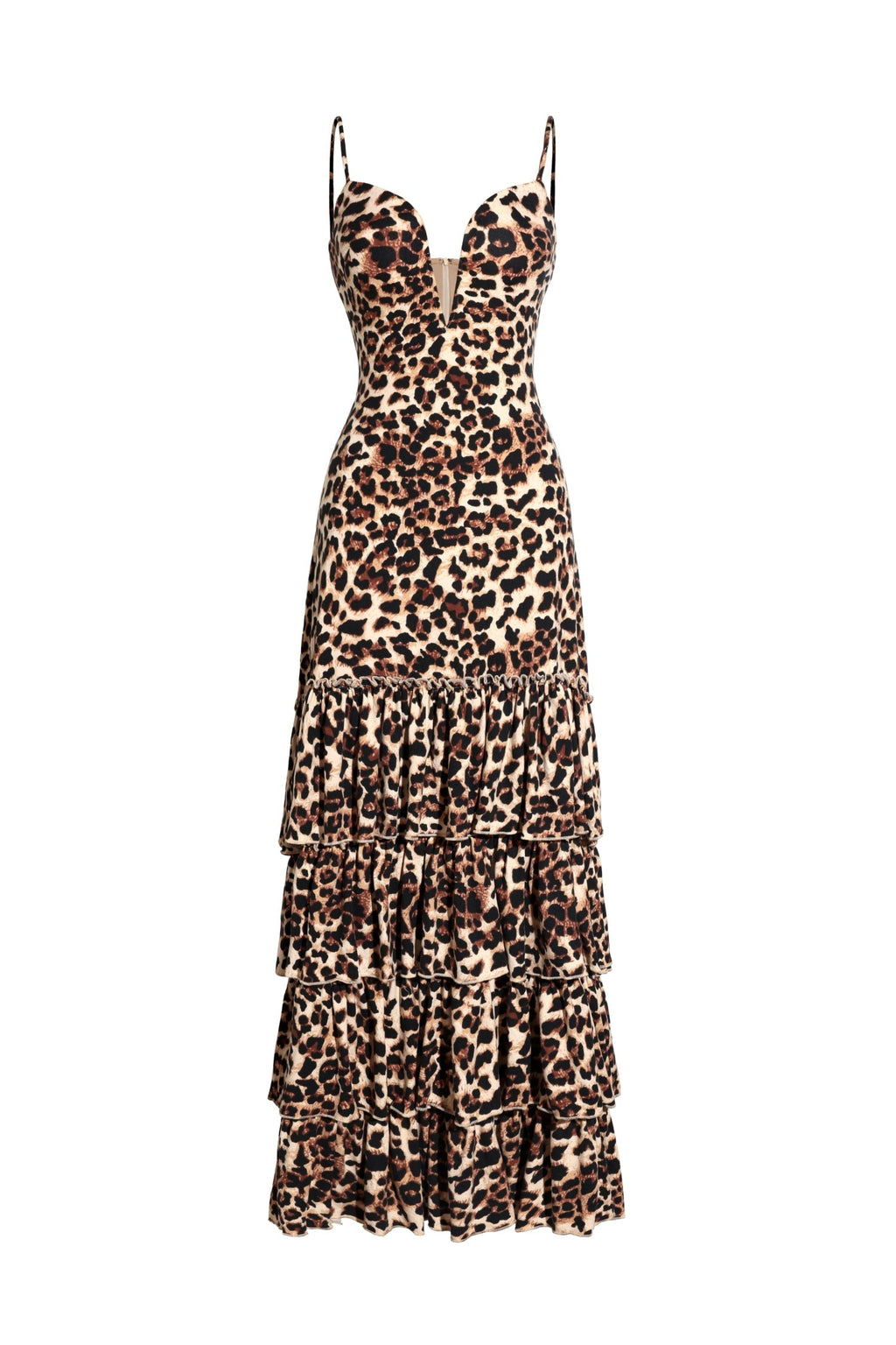 Rosanna Beige Maxi Dress Deep V Neckline Ruffled Hem Backless Design