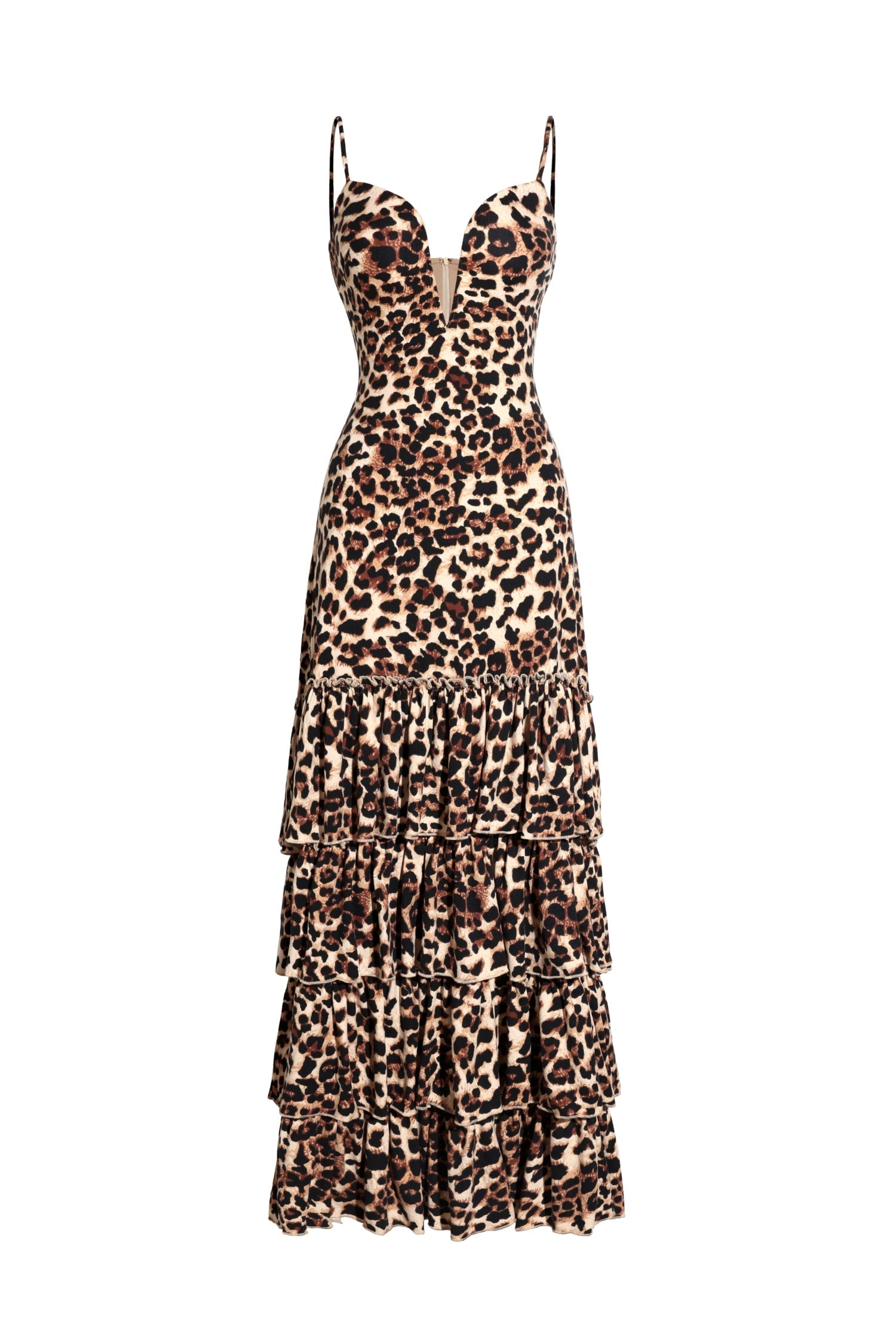 Rosanna Beige Maxi Dress Deep V Neckline Ruffled Hem Backless Design