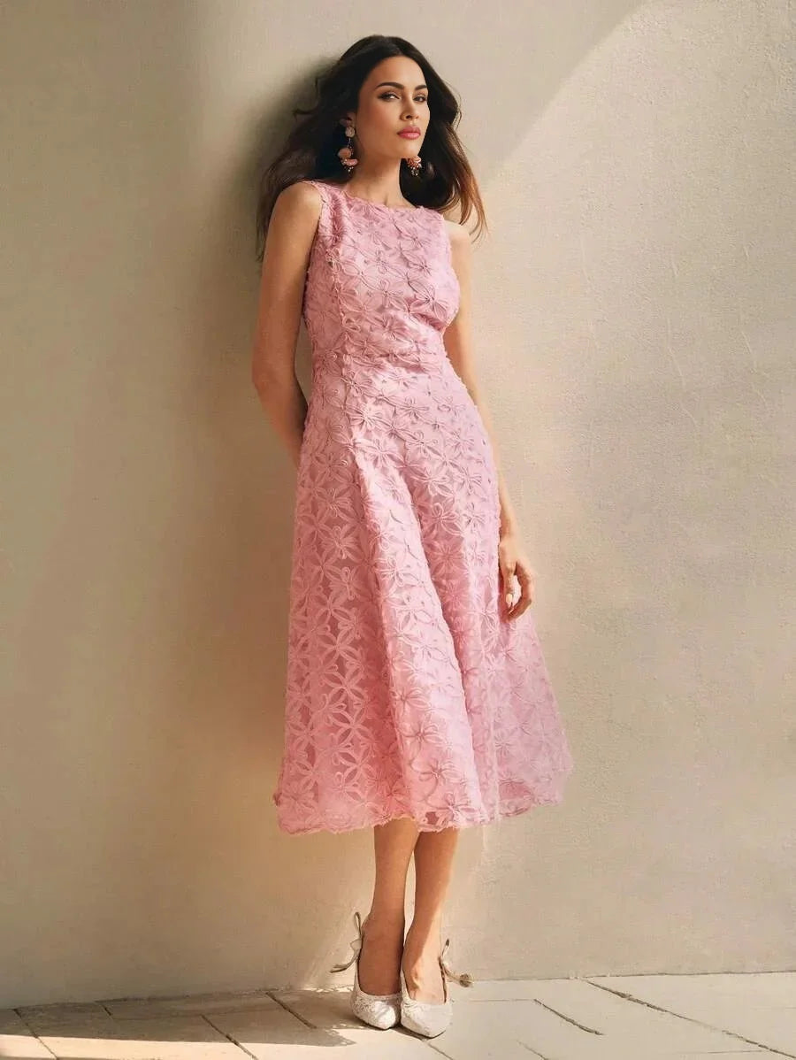 Rosanna Midi Dress - Round Neck - High Waist - A Line - Zipper - Elegant