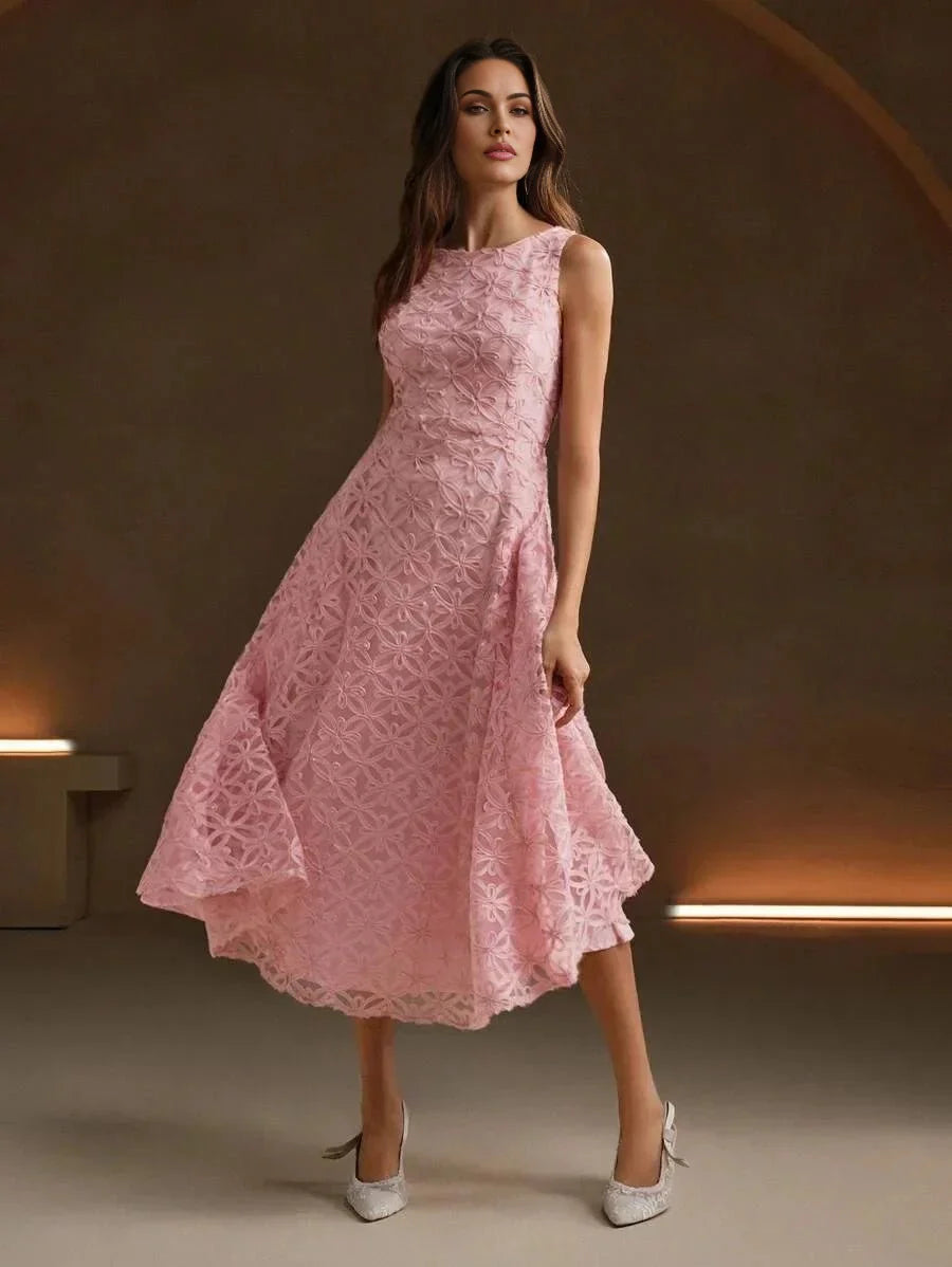 Rosanna Midi Dress - Round Neck - High Waist - A Line - Zipper - Elegant