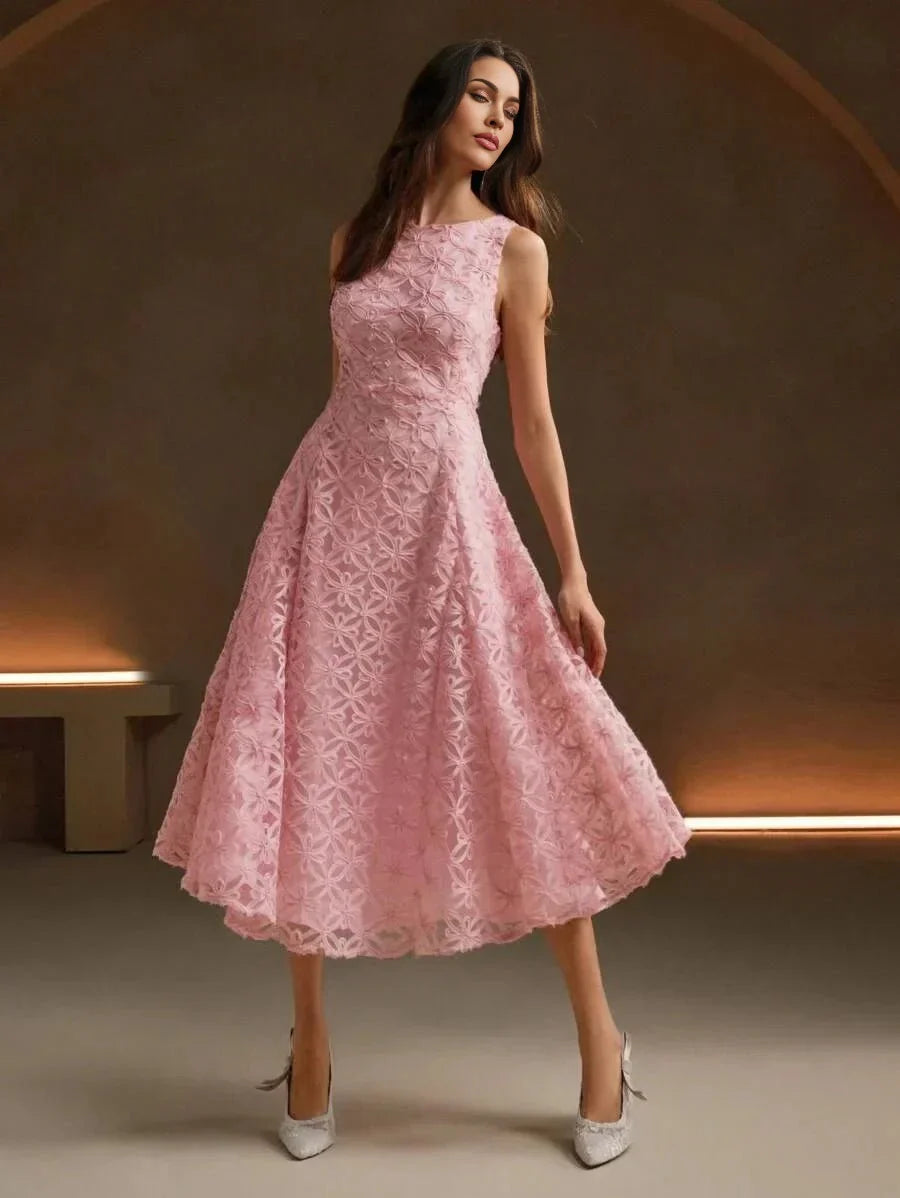 Rosanna Midi Dress - Round Neck - High Waist - A Line - Zipper - Elegant