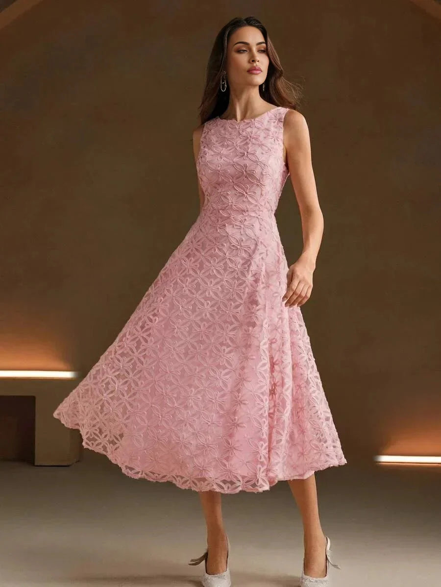 Rosanna Midi Dress - Round Neck - High Waist - A Line - Zipper - Elegant