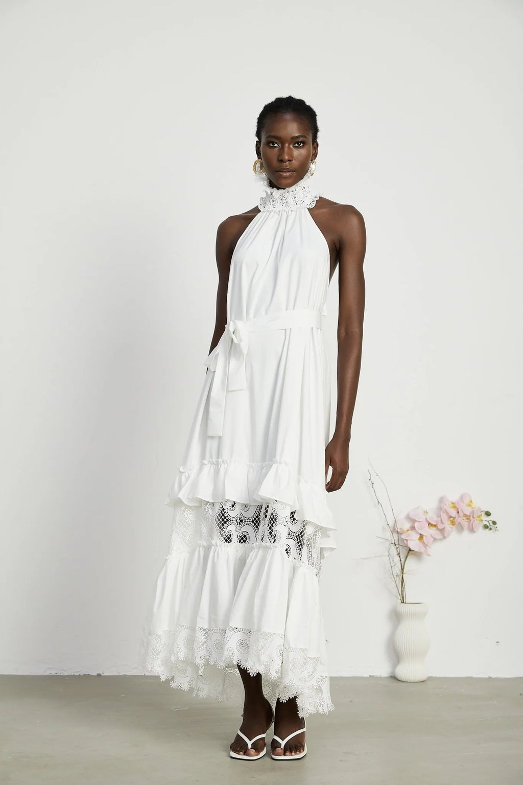 Rosanna Midi Dress White Guipure Lace Tiered Cut Out Design