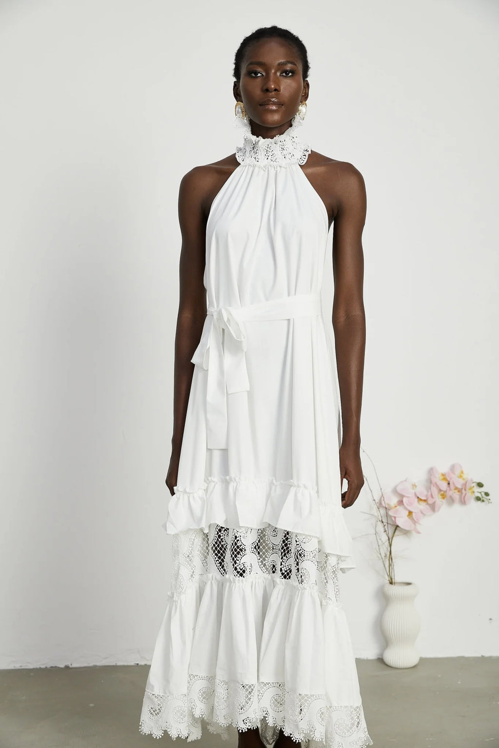 Rosanna Midi Dress White Guipure Lace Tiered Cut Out Design