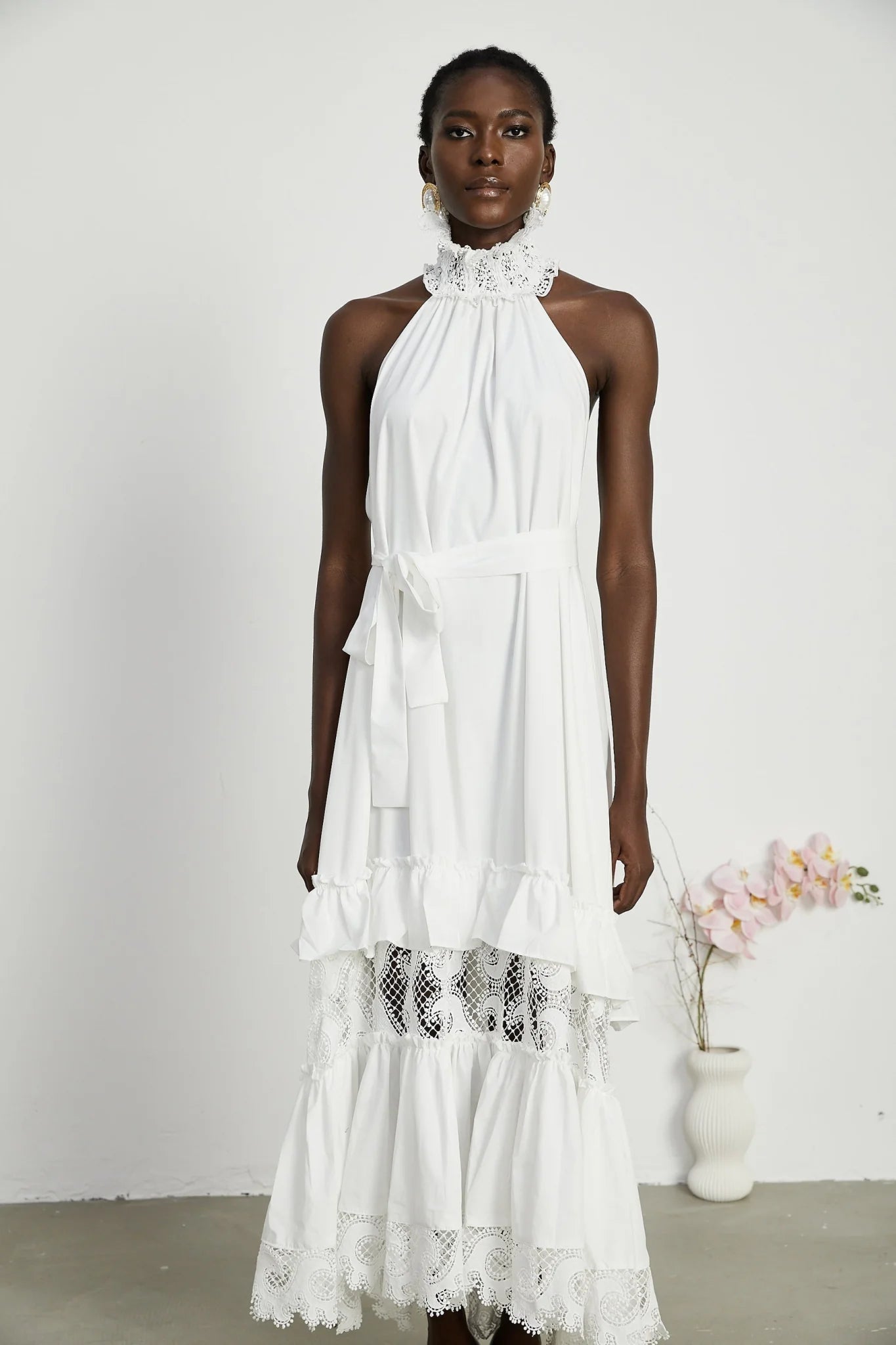 Rosanna Midi Dress White Guipure Lace Tiered Cut Out Design