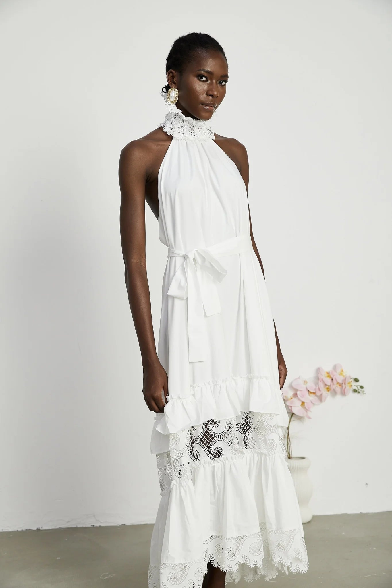 Rosanna Midi Dress White Guipure Lace Tiered Cut Out Design