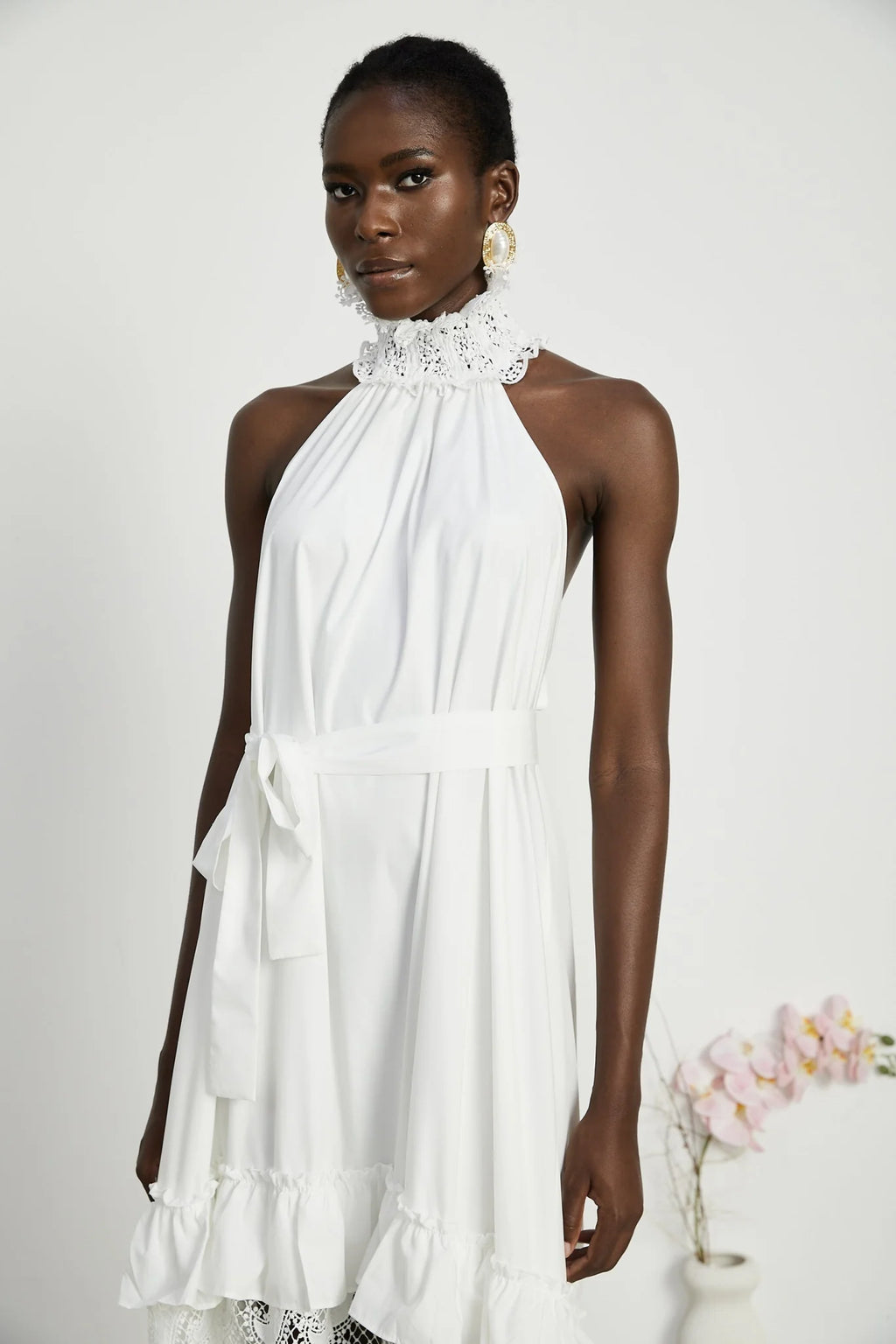 Rosanna Midi Dress White Guipure Lace Tiered Cut Out Design