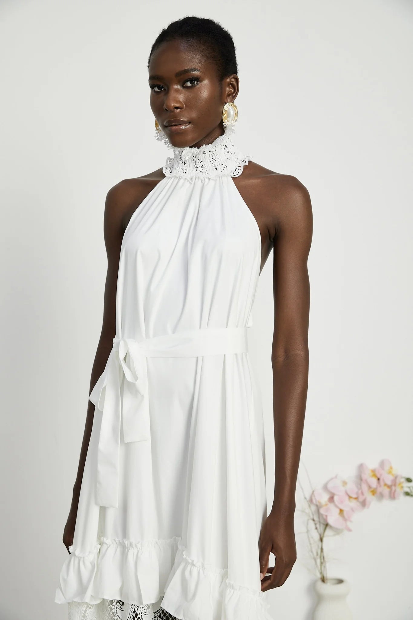 Rosanna Midi Dress White Guipure Lace Tiered Cut Out Design