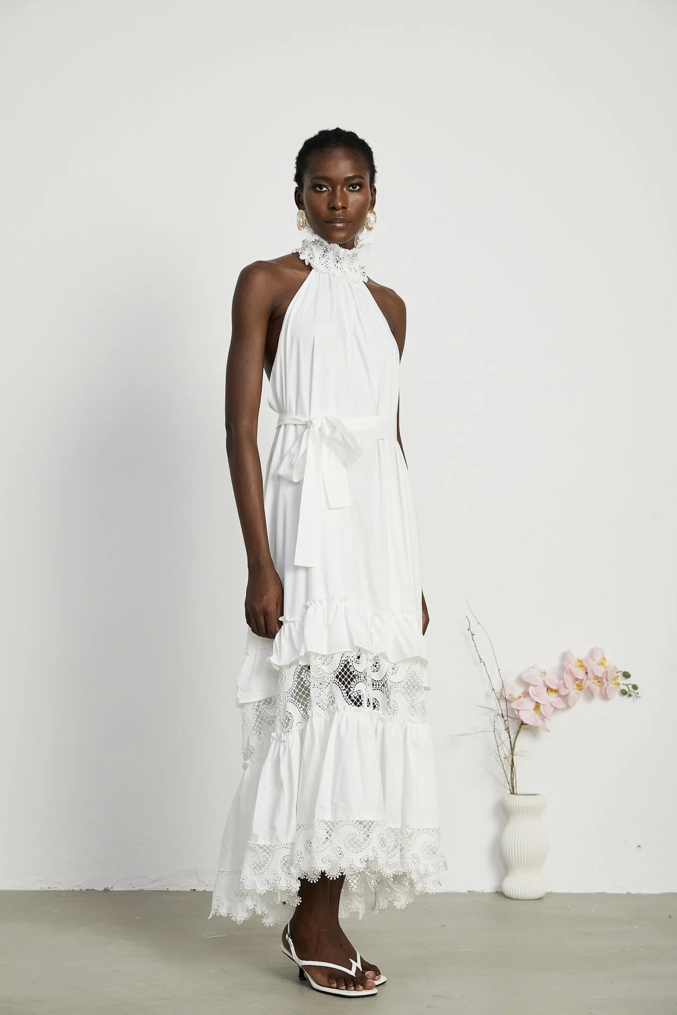 Rosanna Midi Dress White Guipure Lace Tiered Cut Out Design