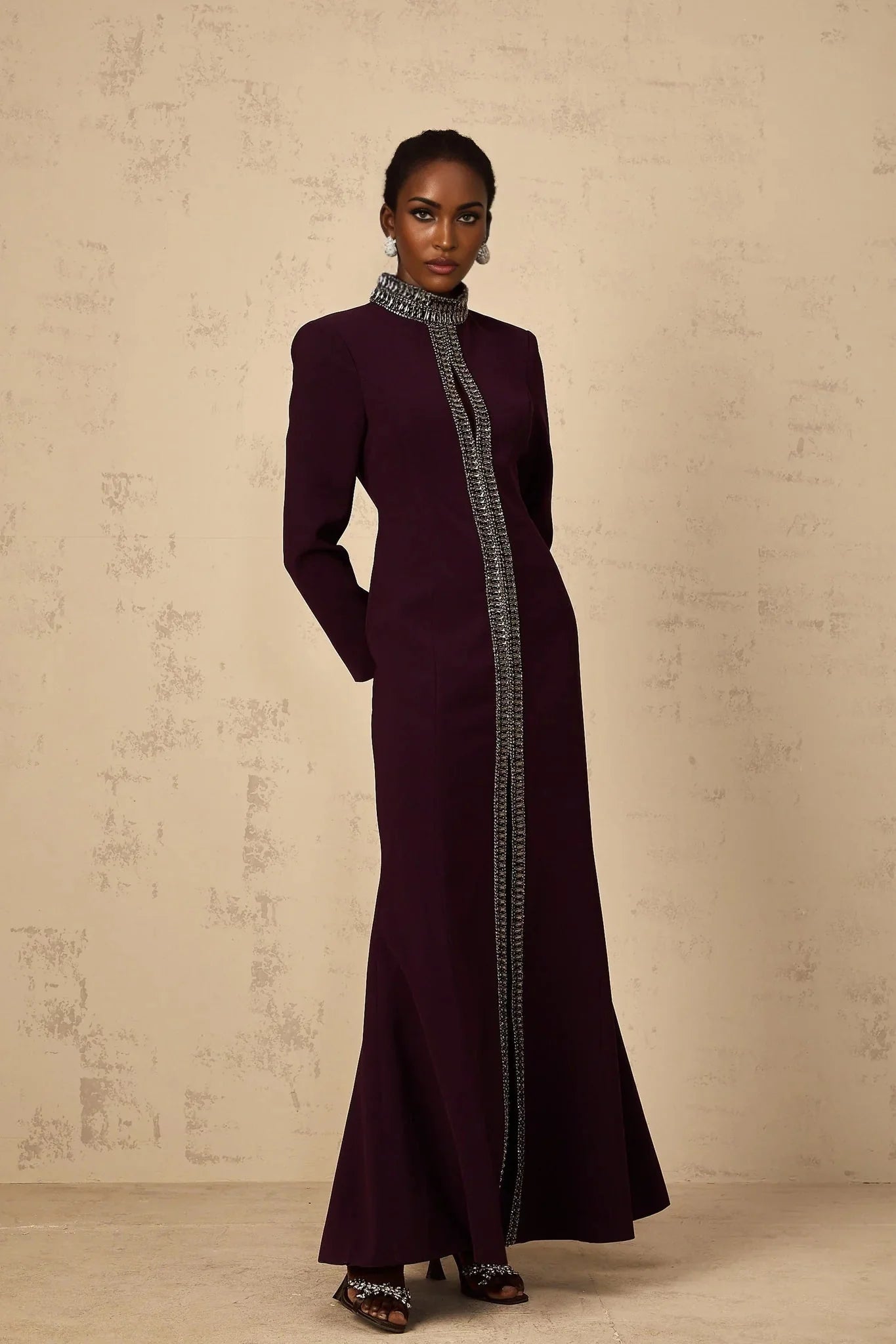 Rosaura Maxi Dress Deep Purple Flared Rhinestone Embellished