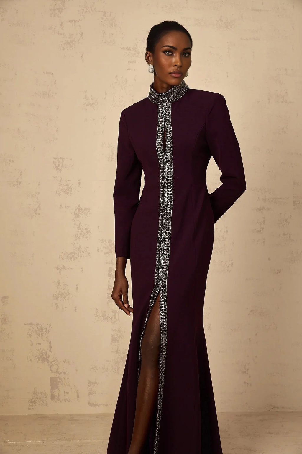 Rosaura Maxi Dress Deep Purple Flared Rhinestone Embellished