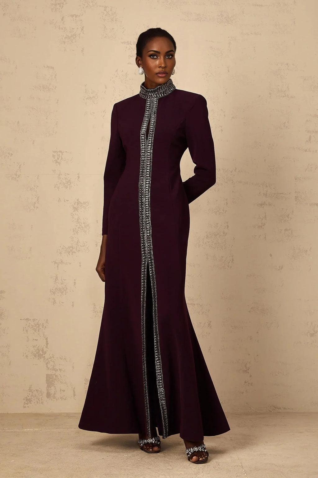 Rosaura Maxi Dress Deep Purple Flared Rhinestone Embellished