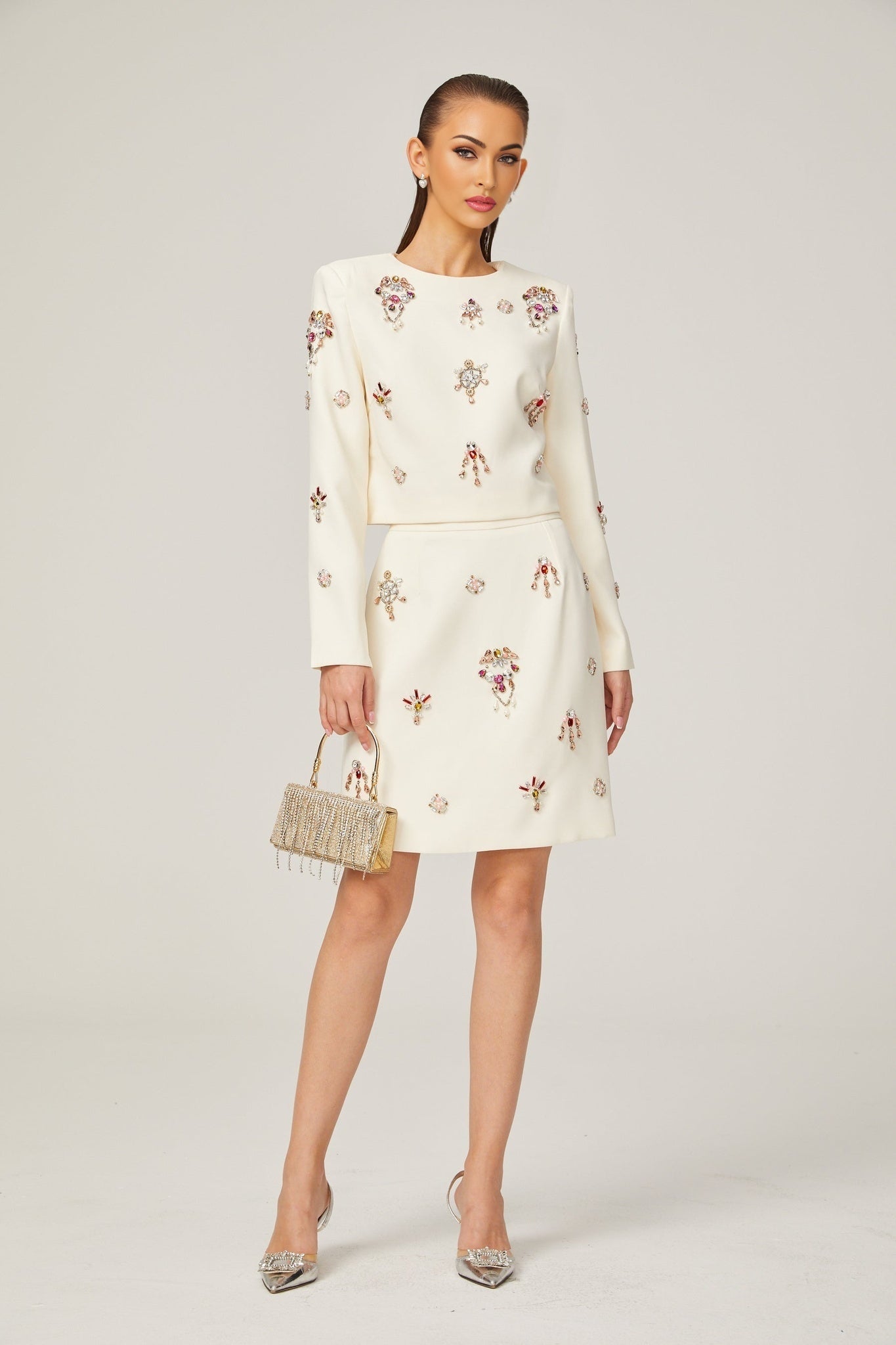 Rosaura Skirt & Top Set Crystal Embellished White