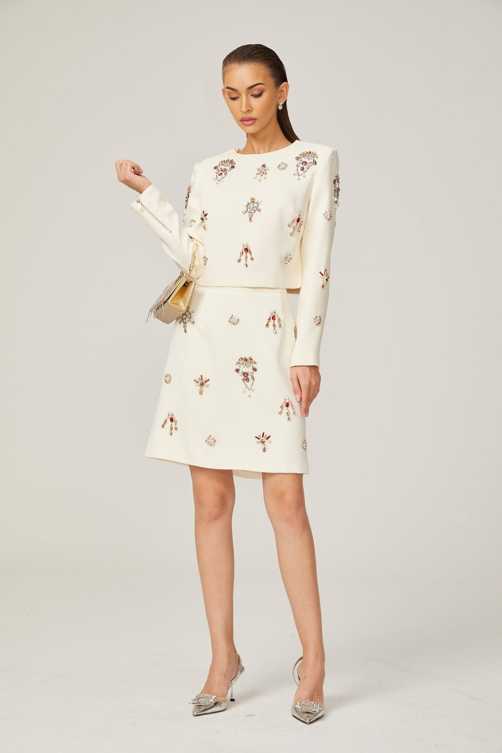 Rosaura Skirt & Top Set Crystal Embellished White