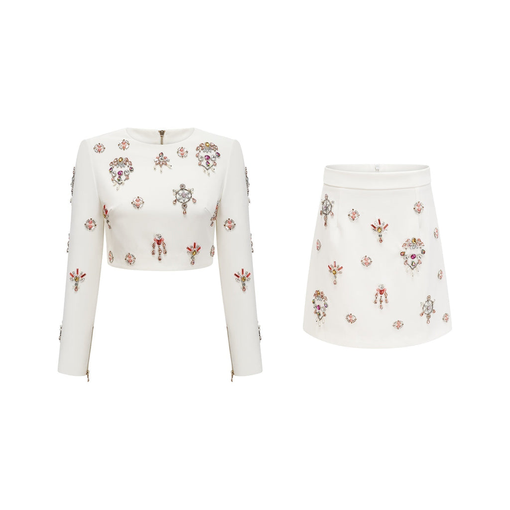 Rosaura Skirt & Top Set Crystal Embellished White