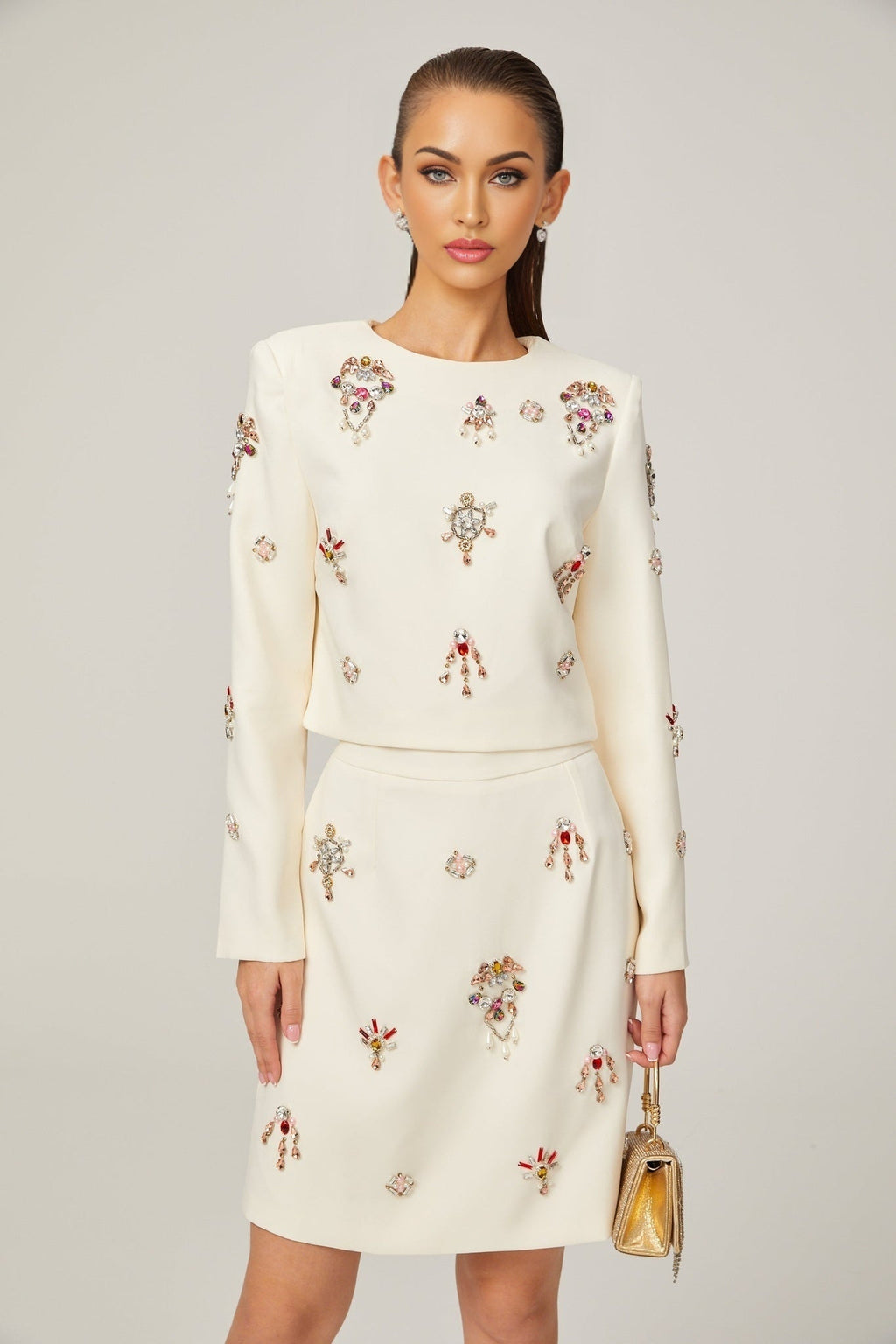Rosaura Skirt & Top Set Crystal Embellished White