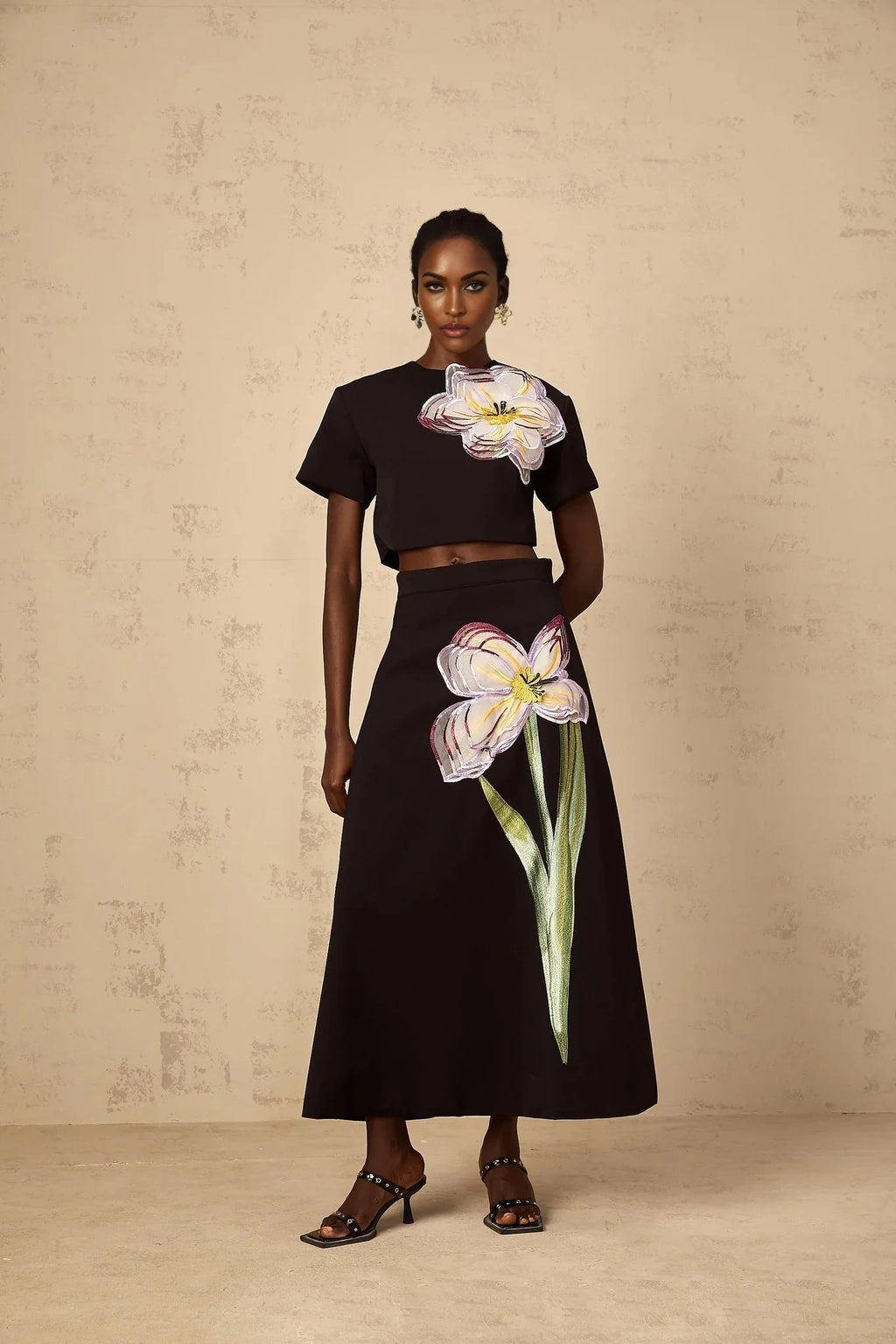 Rosaura Top & Skirt Set with Floral Appliqué in Black