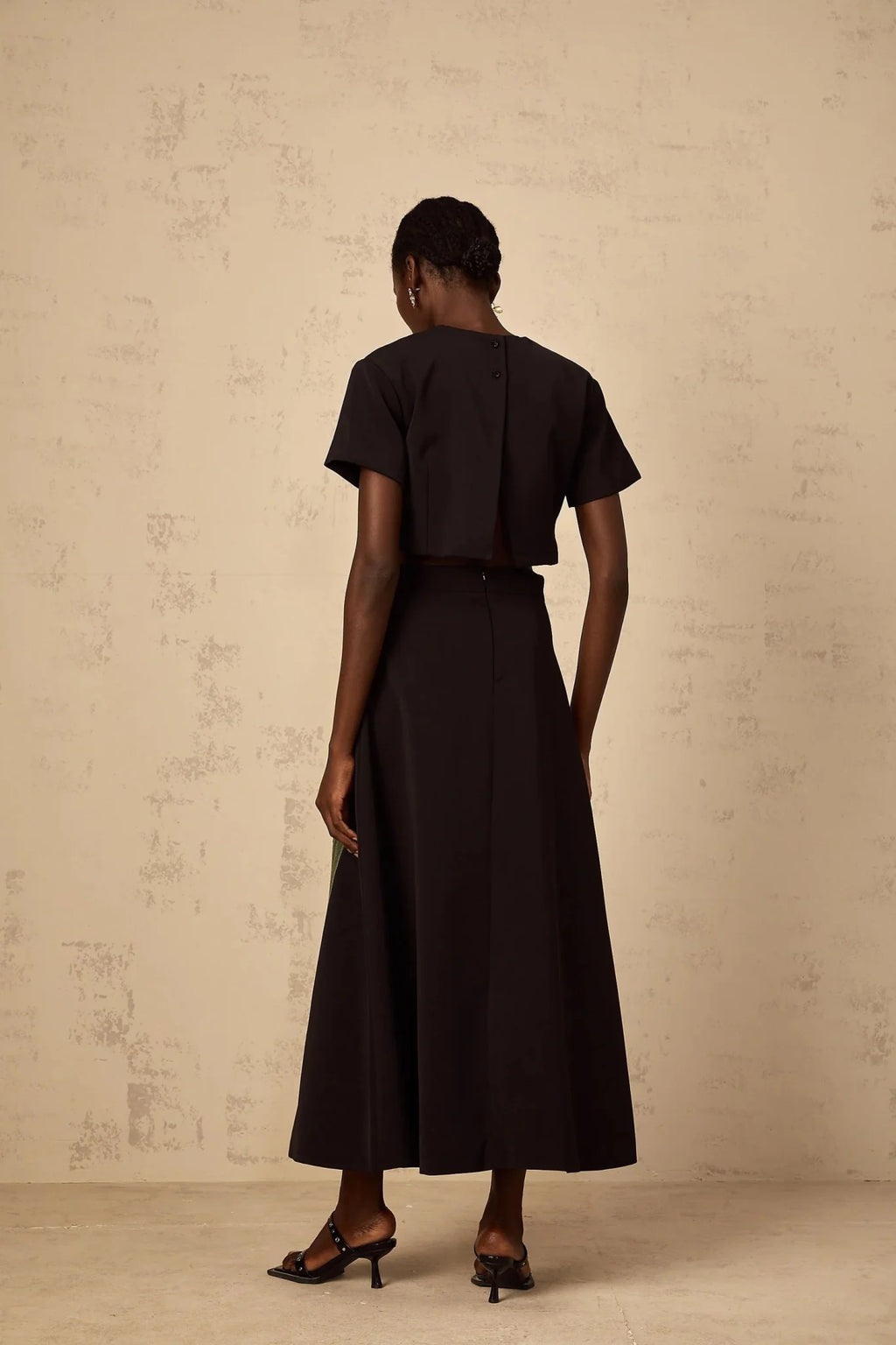 Rosaura Top & Skirt Set with Floral Appliqué in Black
